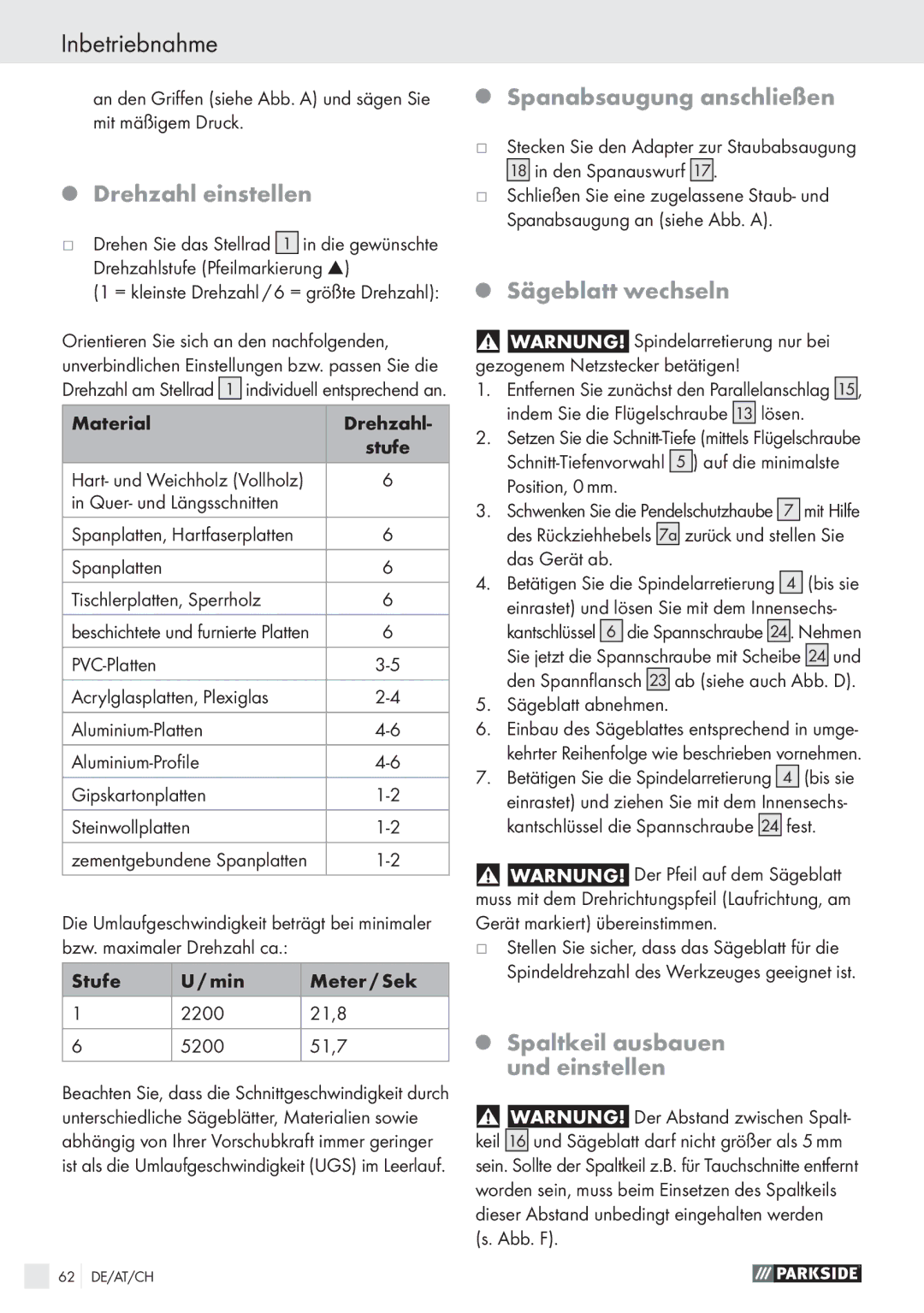 Parkside PHKS 66 manual Inbetriebnahme, Drehzahl einstellen, Spanabsaugung anschließen, Sägeblatt wechseln 