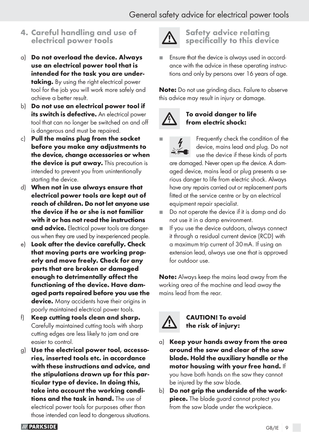 Parkside PHKS 66 Careful handling and use of electrical power tools, Safety advice relating speciﬁcally to this device 