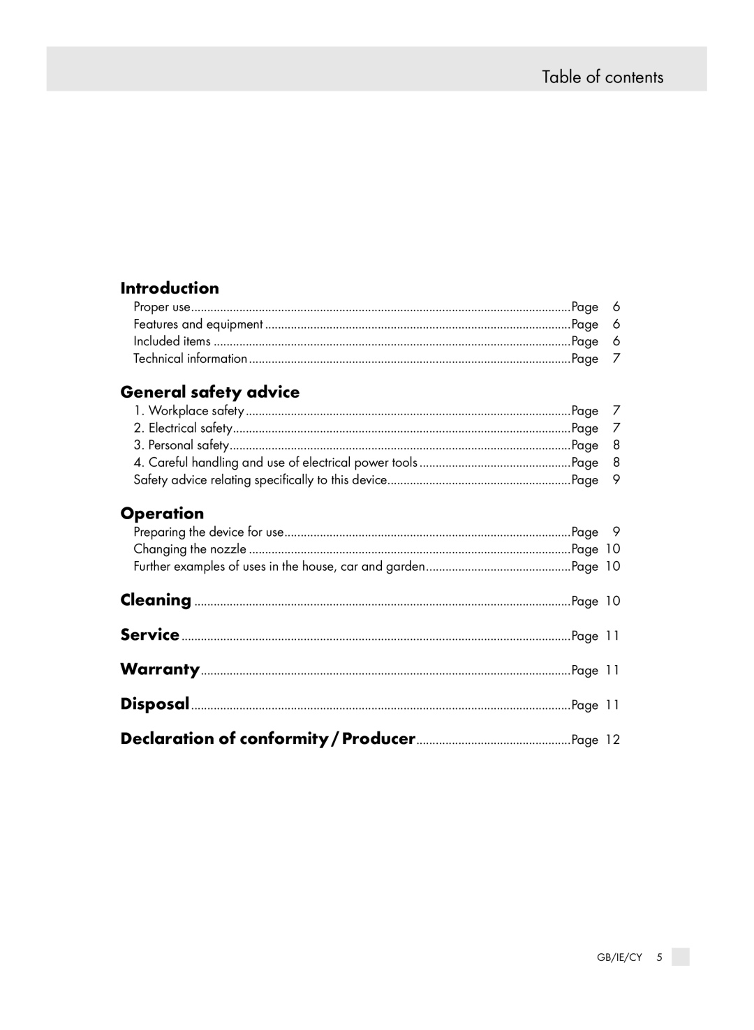 Parkside PHLG 2000-2 manual Table of contents 