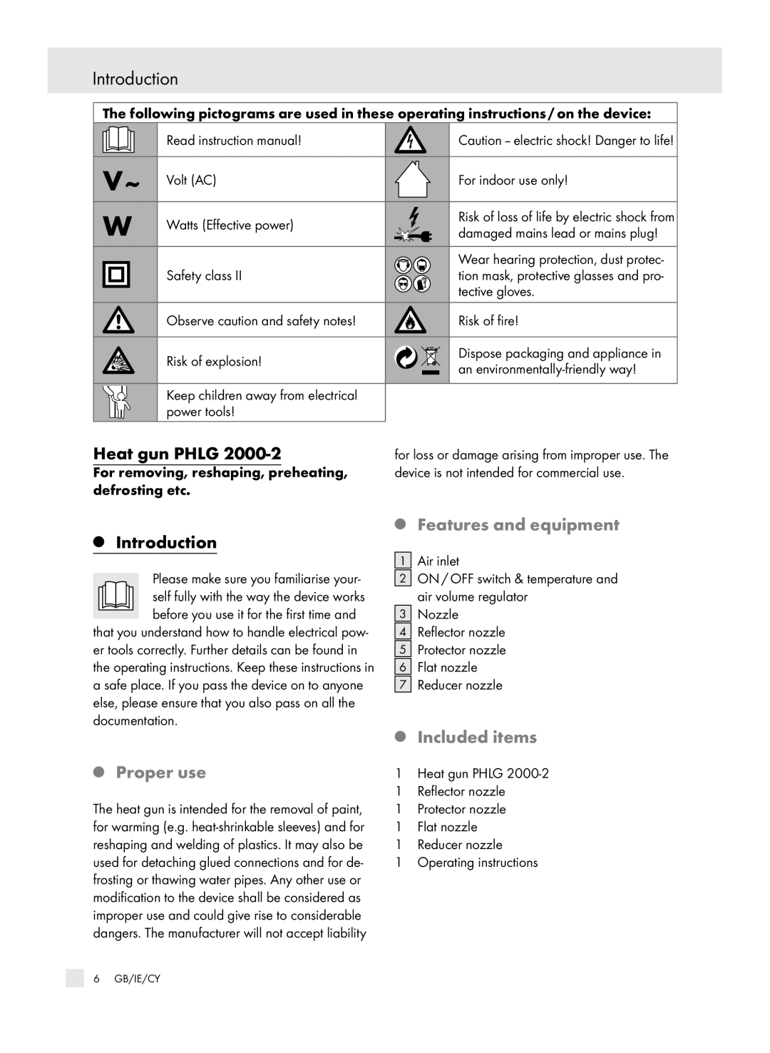 Parkside PHLG 2000-2 manual Introduction, Heat gun Phlg, Features and equipment, Included items, Proper use 