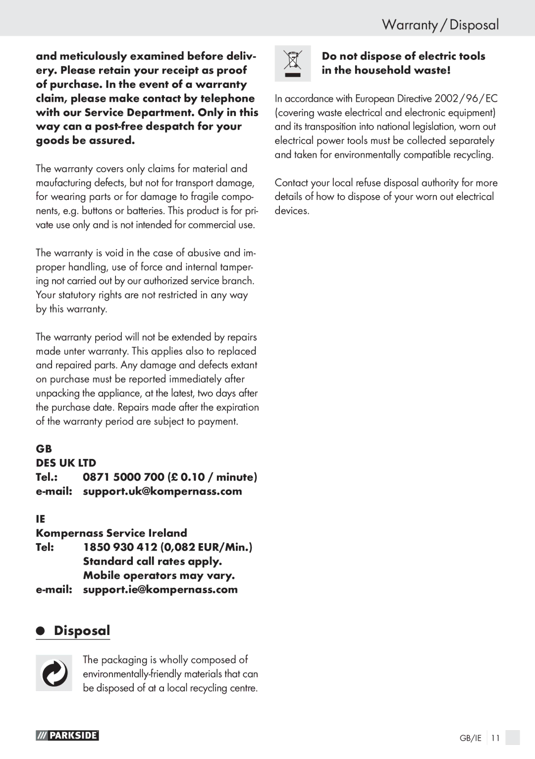 Parkside PHLG 2000 B1 manual Warranty / Disposal, Do not dispose of electric tools in the household waste 
