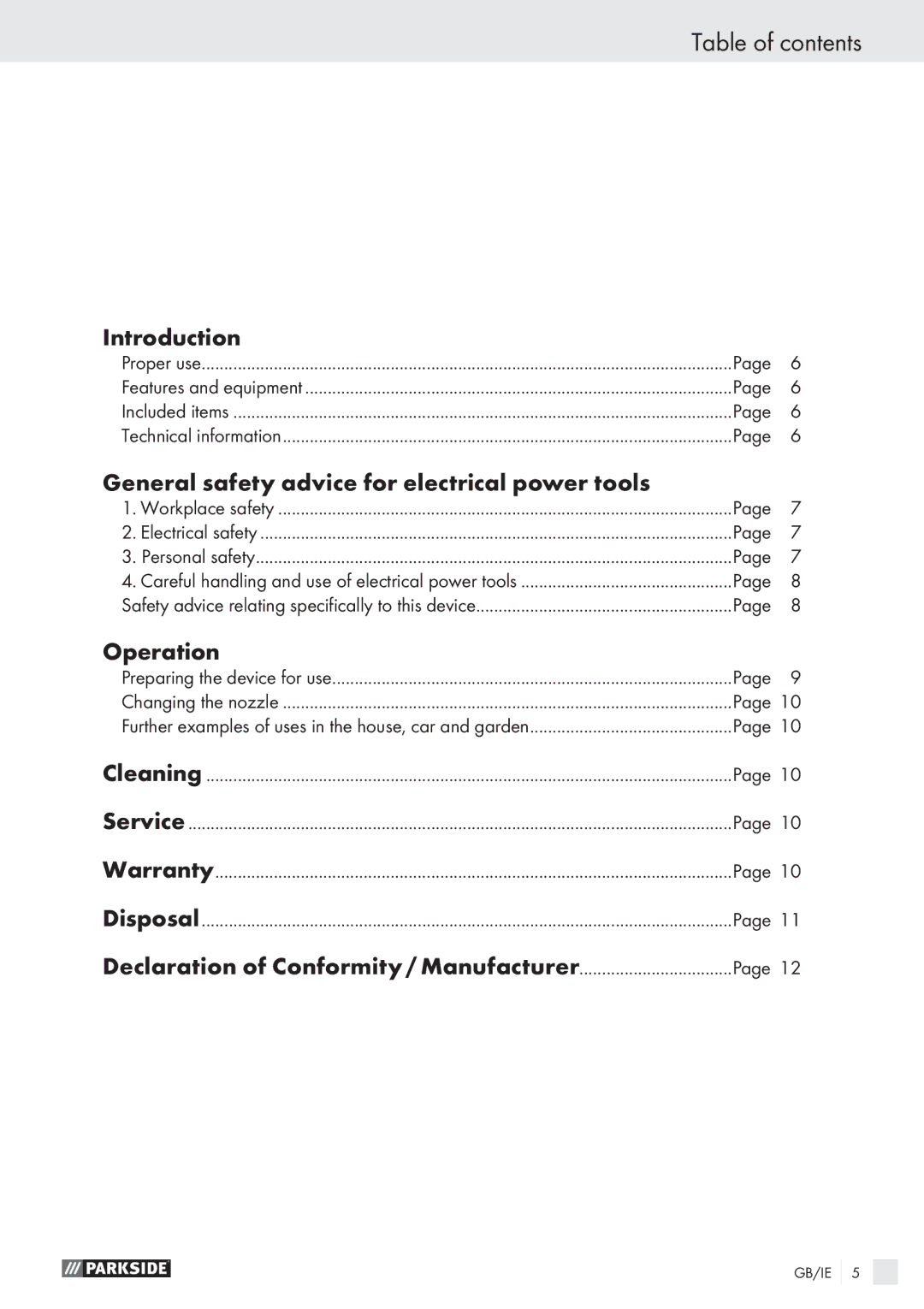 Parkside PHLG 2000 B1 manual Table of contents 