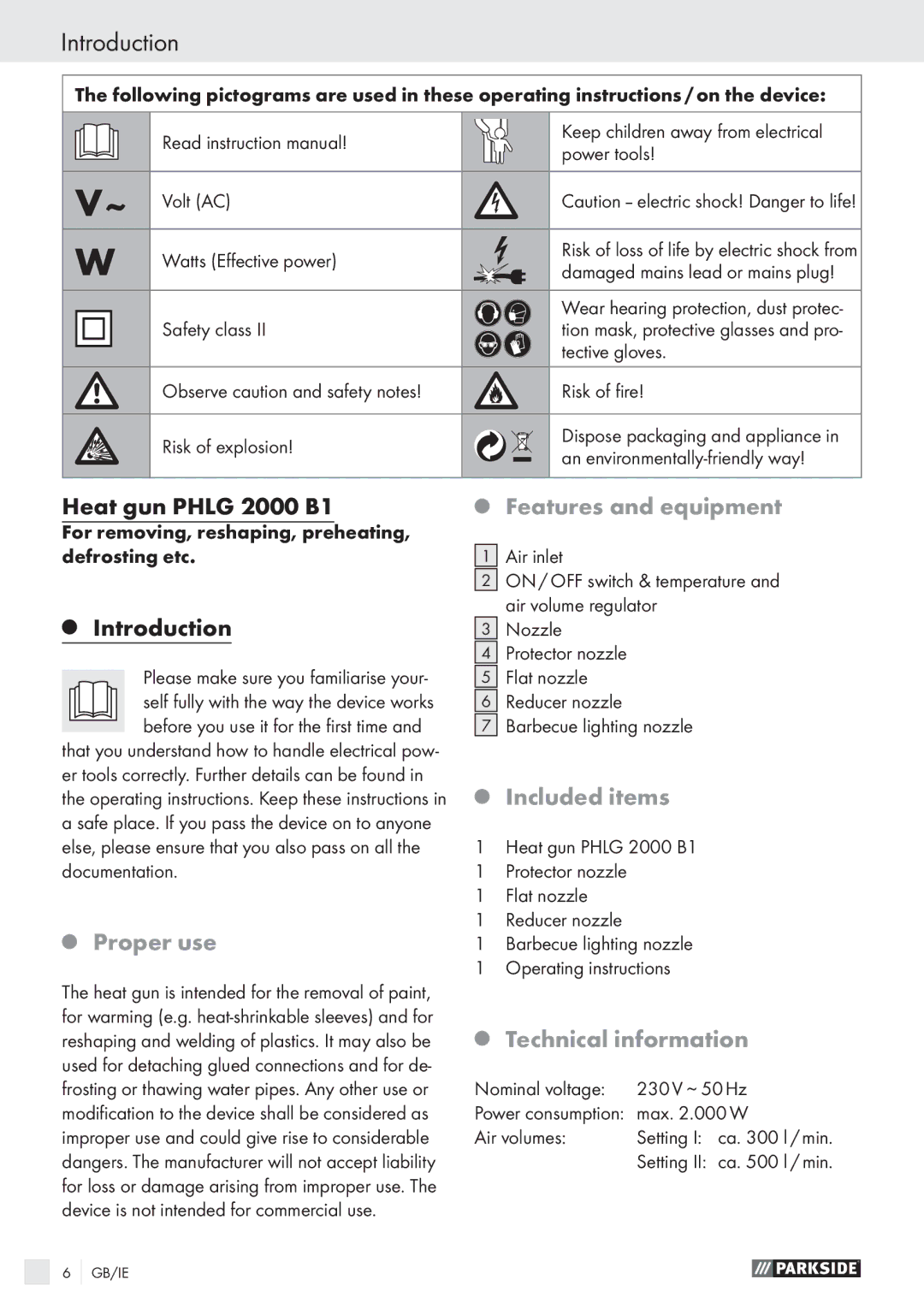 Parkside PHLG 2000 B1 manual Introduction, Proper use, Features and equipment, Included items, Technical information 