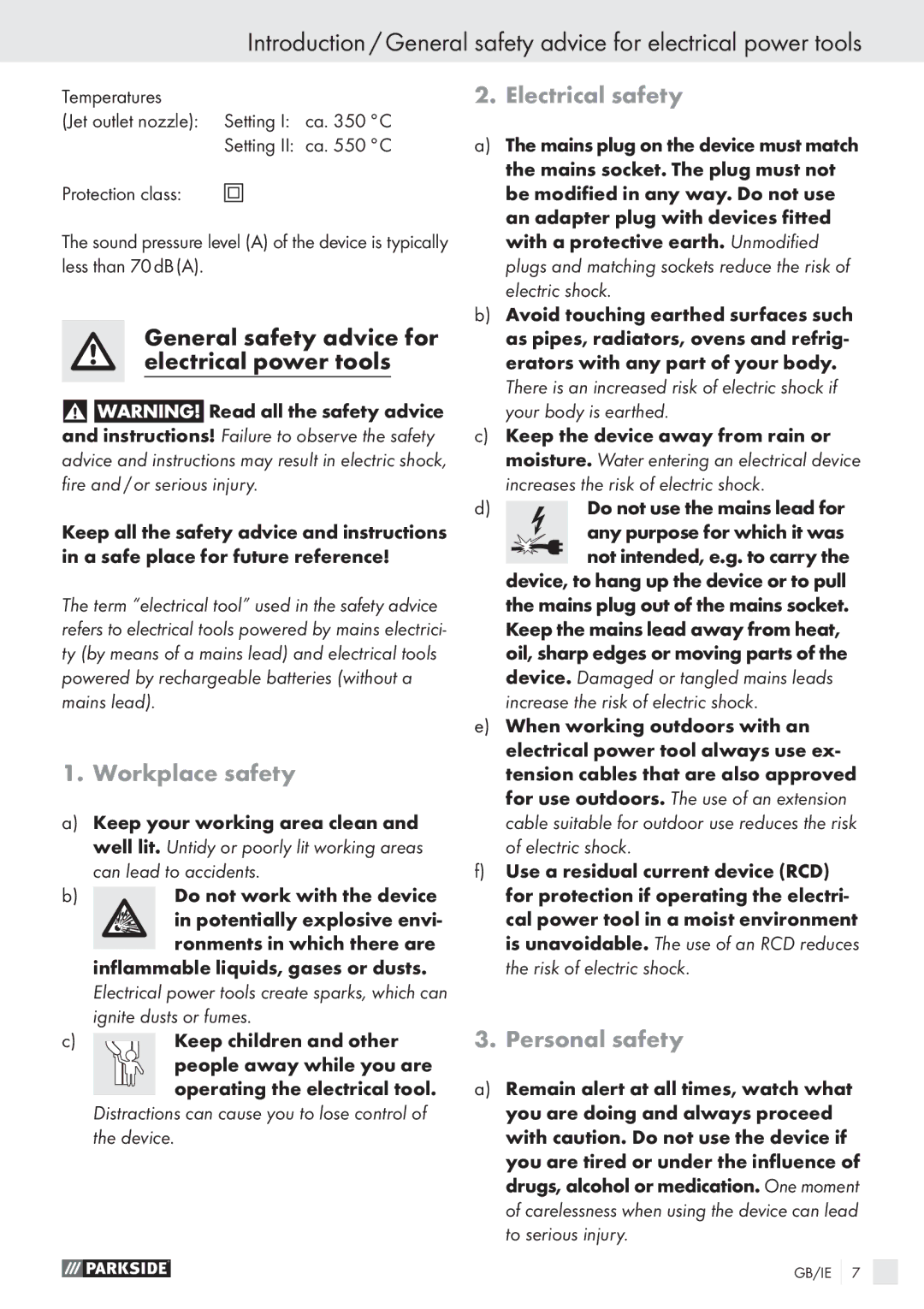 Parkside PHLG 2000 B1 manual Workplace safety, Electrical safety, Personal safety, Temperatures 