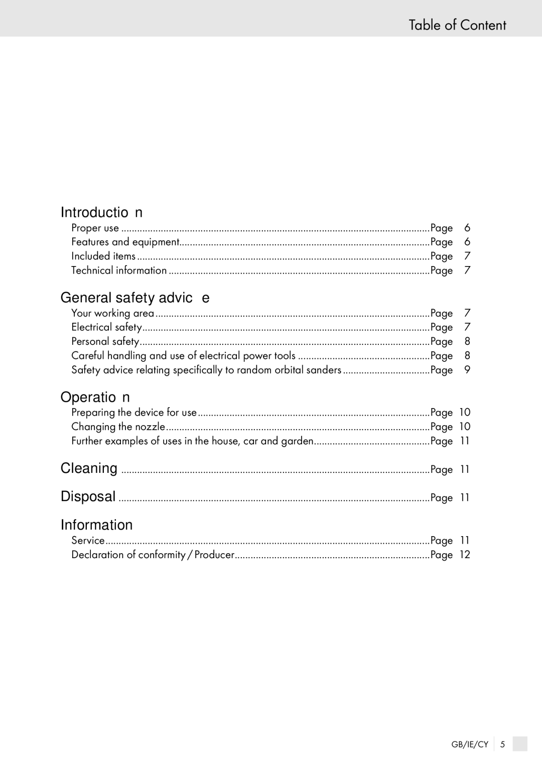 Parkside PHLG 600 manual Table of Content, Introduction, General safety advice, Operation, Information 