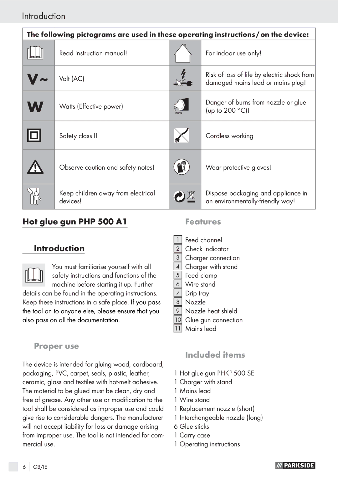 Parkside manual Hot glue gun PHP 500 A1 Introduction, Features, Proper use, Included items 