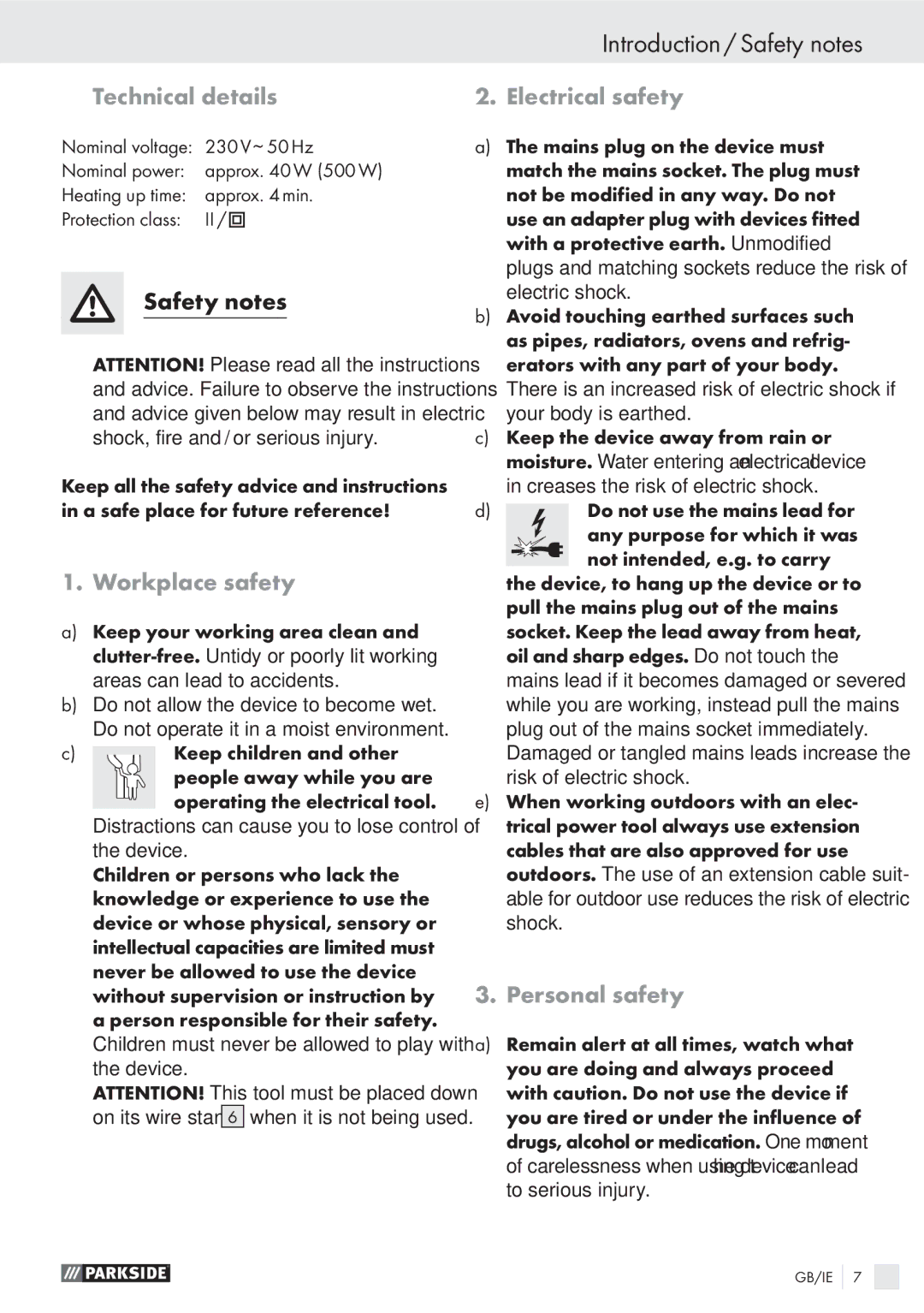 Parkside PHP 500 A1 Introduction / Safety notes, Technical details, Workplace safety, Electrical safety, Personal safety 