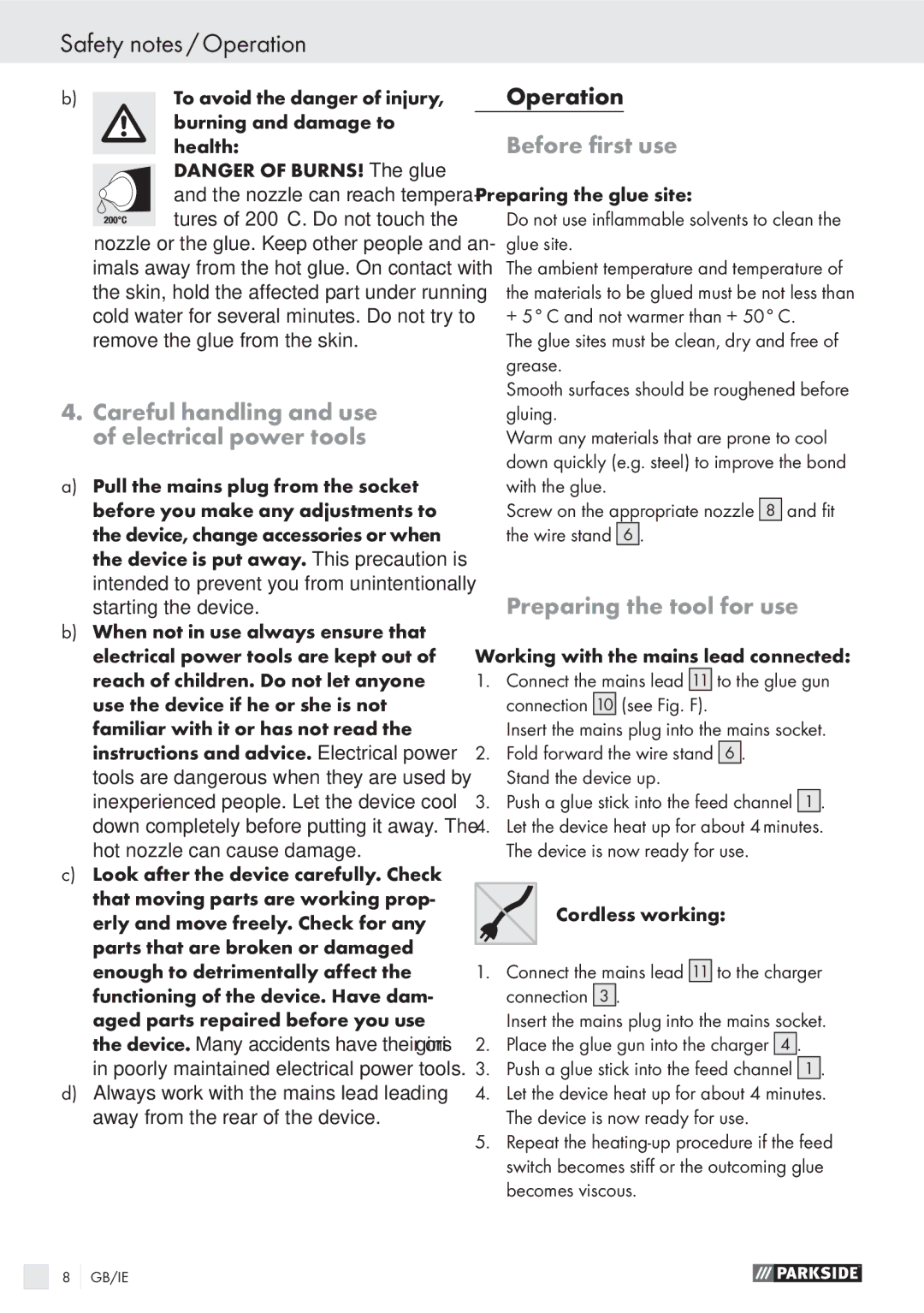 Parkside PHP 500 A1 manual Safety notes / Operation, Careful handling and use of electrical power tools, Before ﬁrst use 