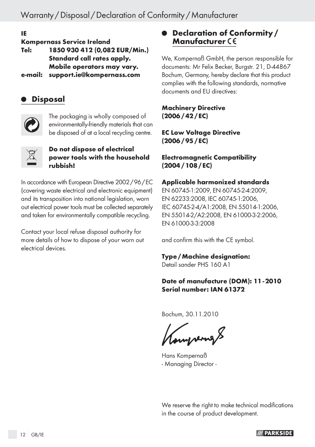 Parkside PHS 160 A1 manual Disposal, Declaration of Conformity / Manufacturer 