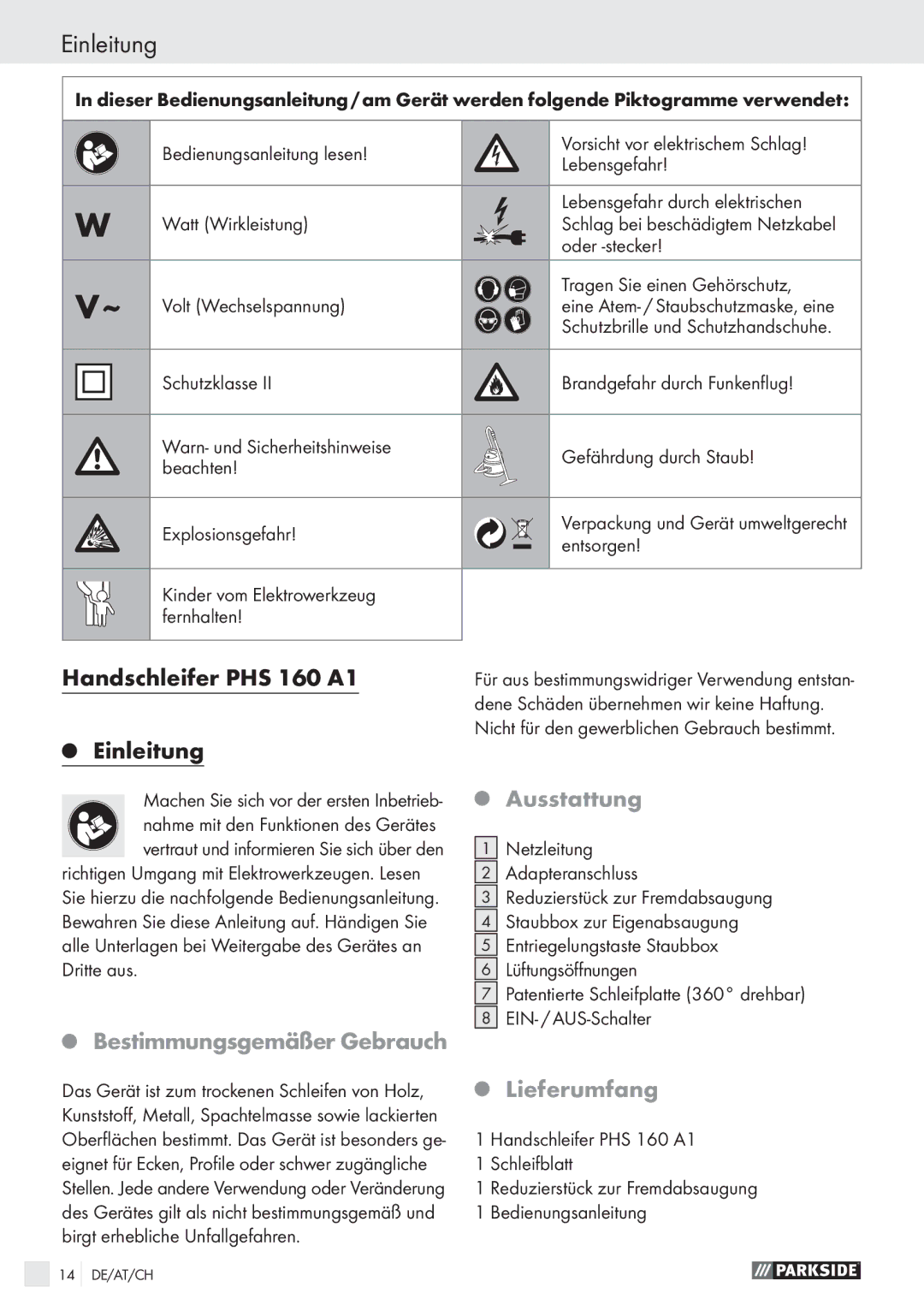 Parkside manual Einleitung, Handschleifer PHS 160 A1, Ausstattung, Bestimmungsgemäßer Gebrauch, Lieferumfang 