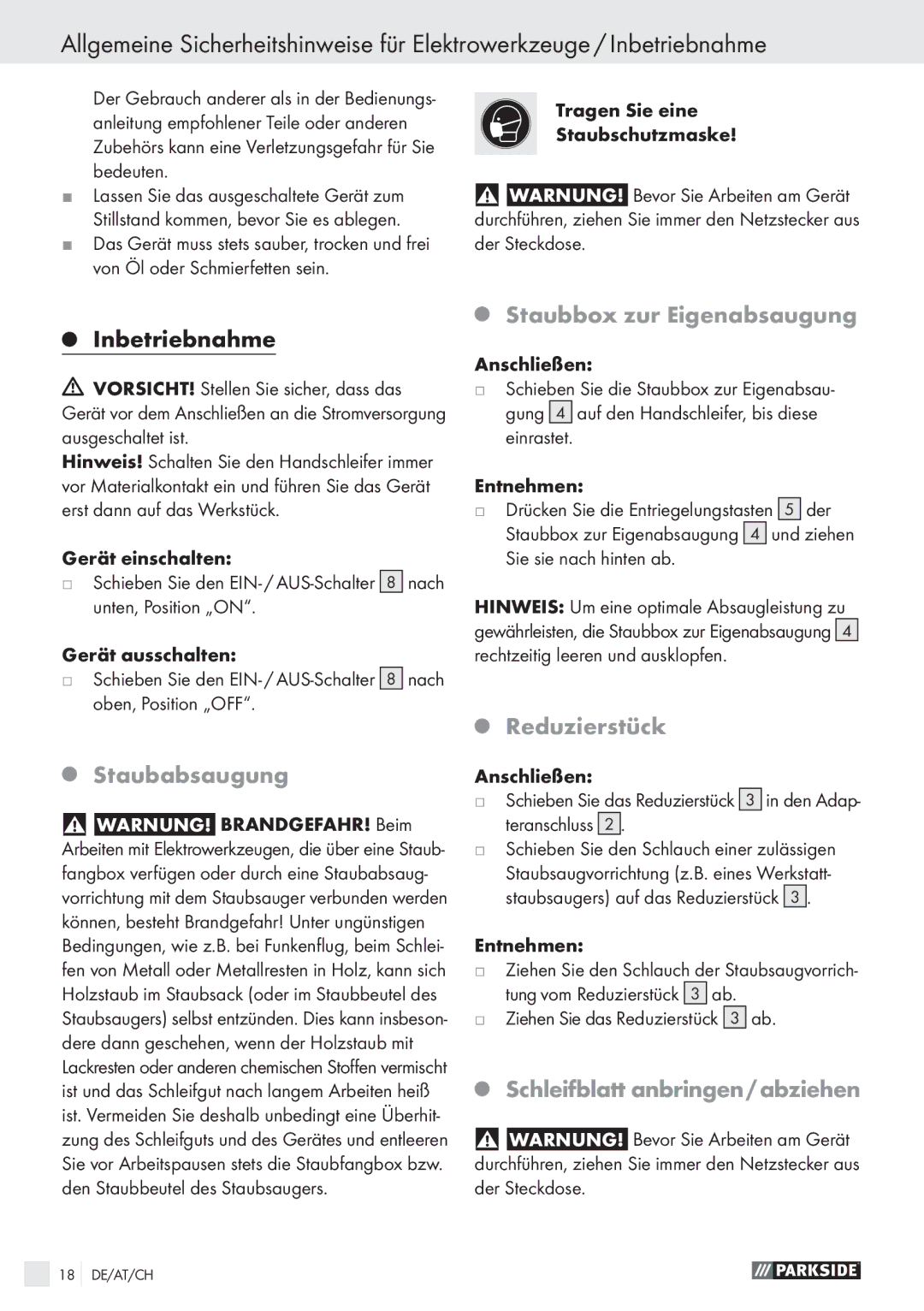 Parkside PHS 160 A1 manual Staubabsaugung, Staubbox zur Eigenabsaugung, Reduzierstück, Schleifblatt anbringen / abziehen 