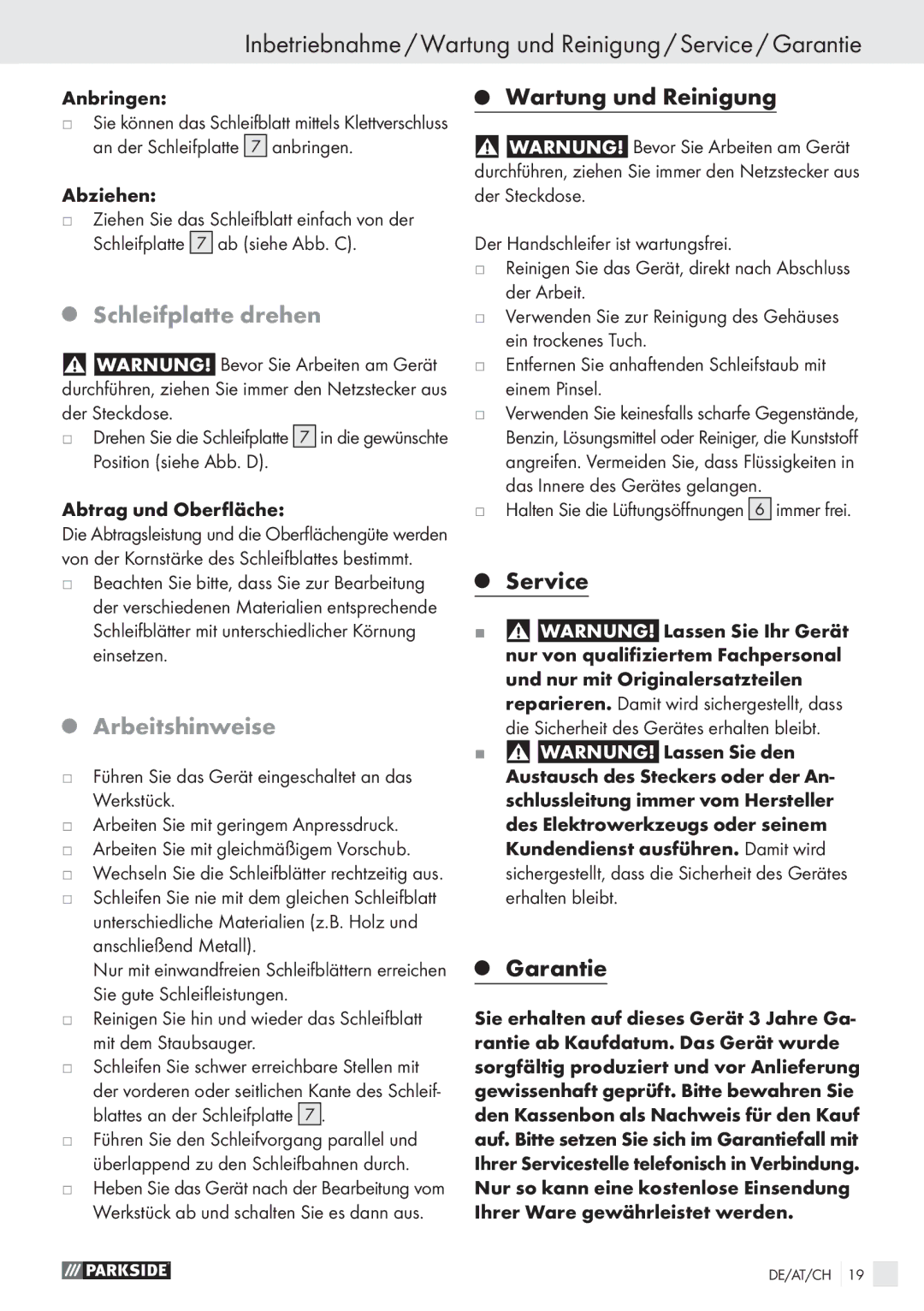 Parkside PHS 160 A1 manual Schleifplatte drehen, Arbeitshinweise 