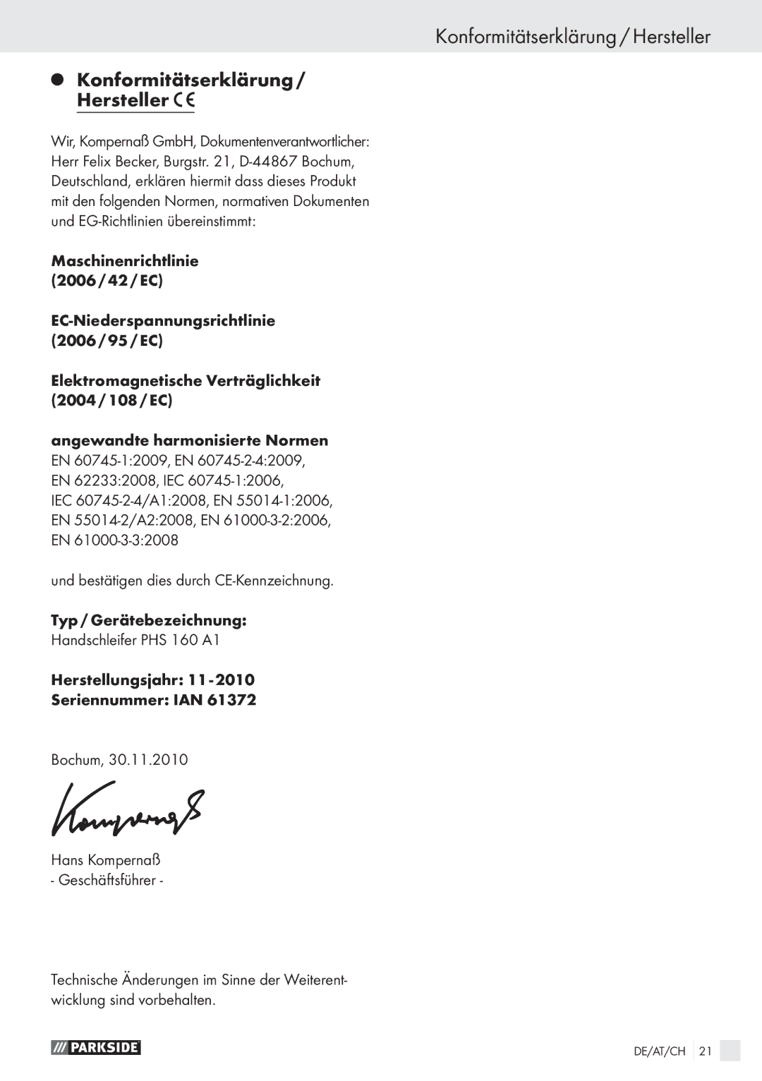 Parkside PHS 160 A1 manual Konformitätserklärung / Hersteller, Konformitätserklärung Hersteller 