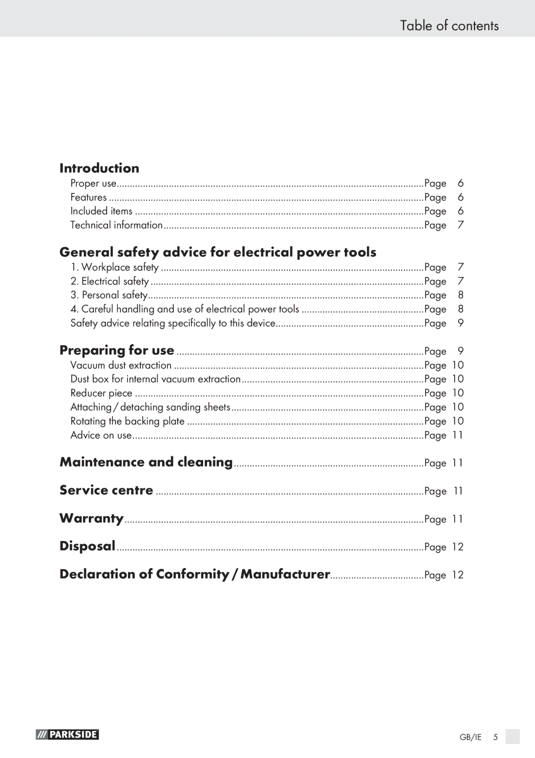 Parkside PHS 160 A1 manual Table of contents 