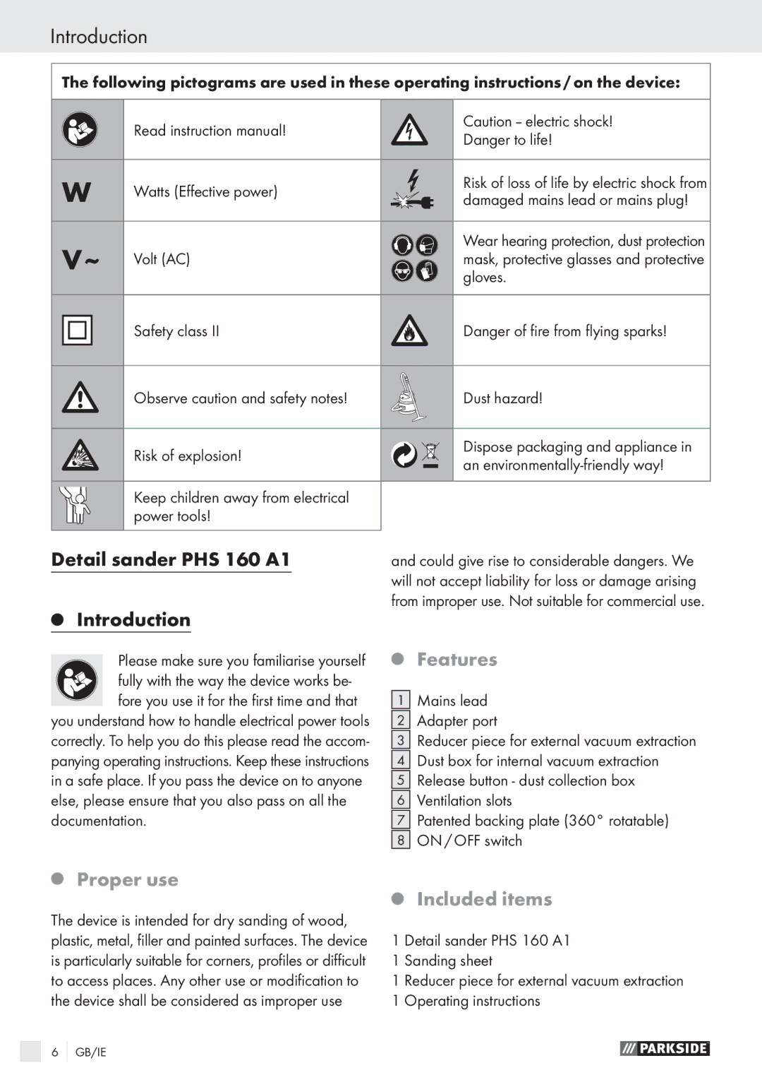 Parkside manual Introduction, Detail sander PHS 160 A1, Features, Proper use, Included items 