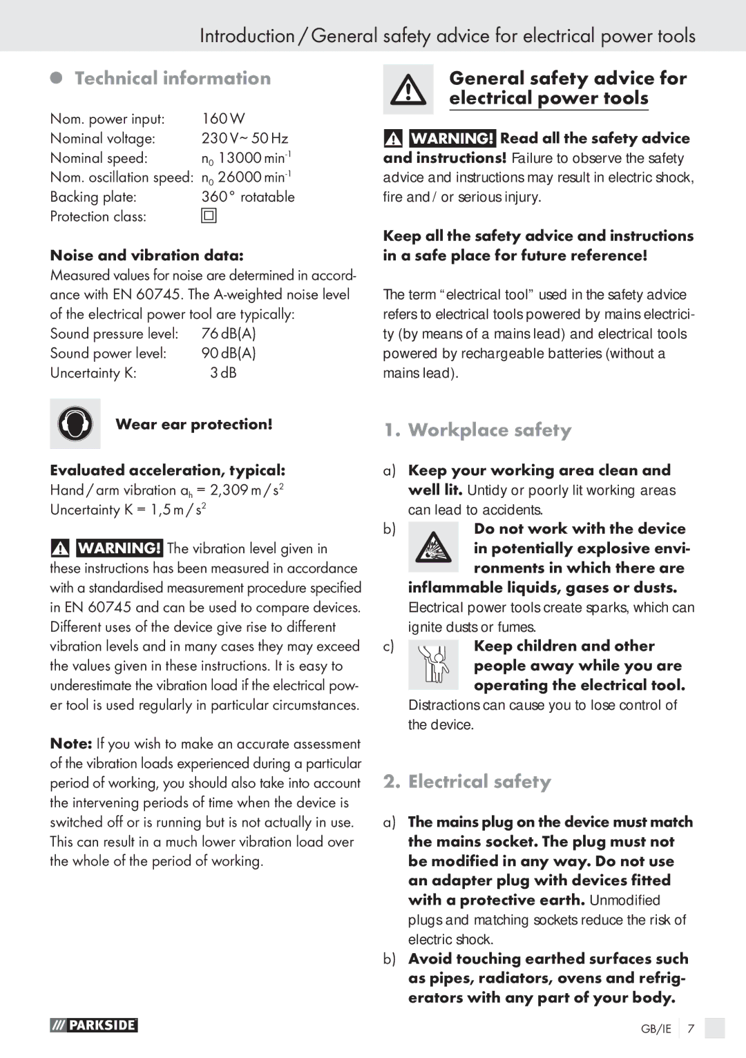 Parkside PHS 160 A1 manual Technical information, Workplace safety, Electrical safety 