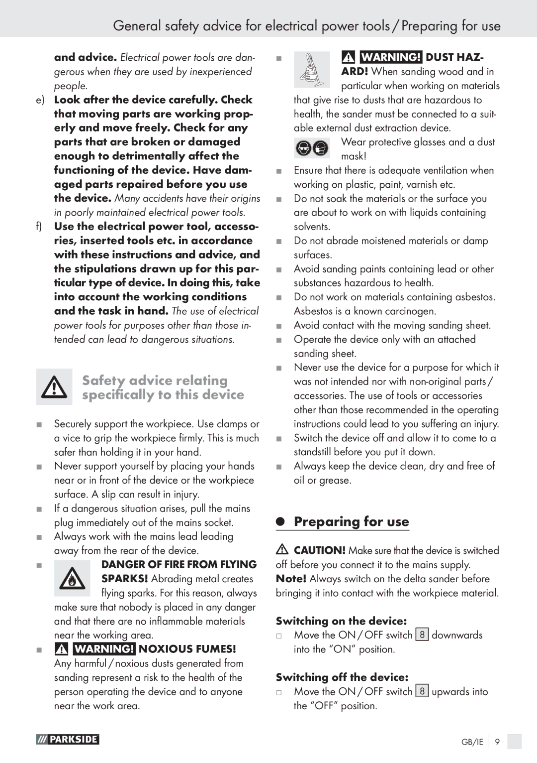 Parkside PHS 160 A1 manual Safety advice relating speciﬁcally to this device, Preparing for use 