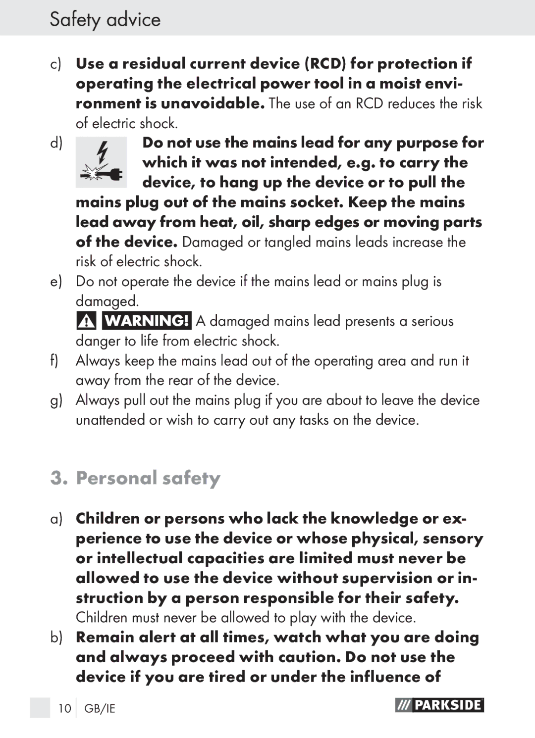 Parkside PLBS 30 A1 manual Personal safety 