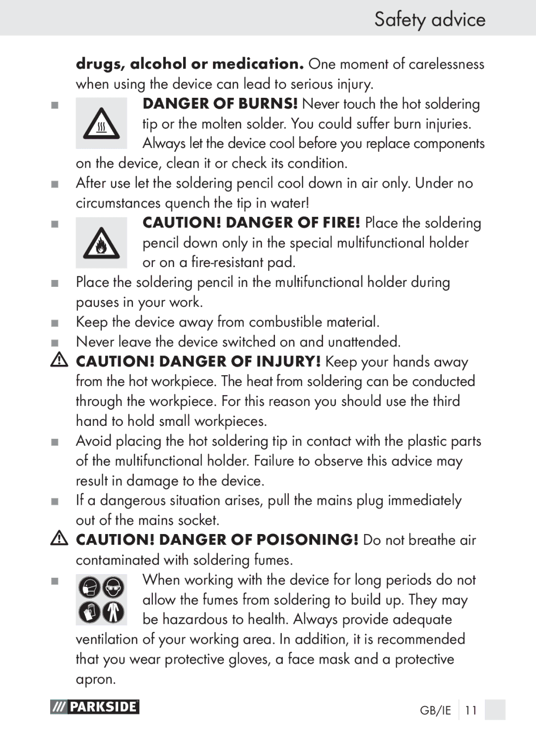 Parkside PLBS 30 A1 manual Safety advice 