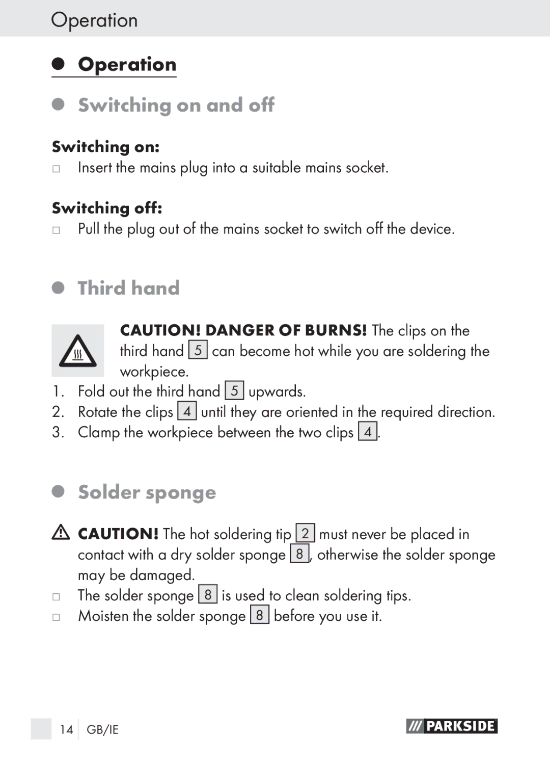 Parkside PLBS 30 A1 manual Operation, Switching on and oﬀ, Third hand, Solder sponge 