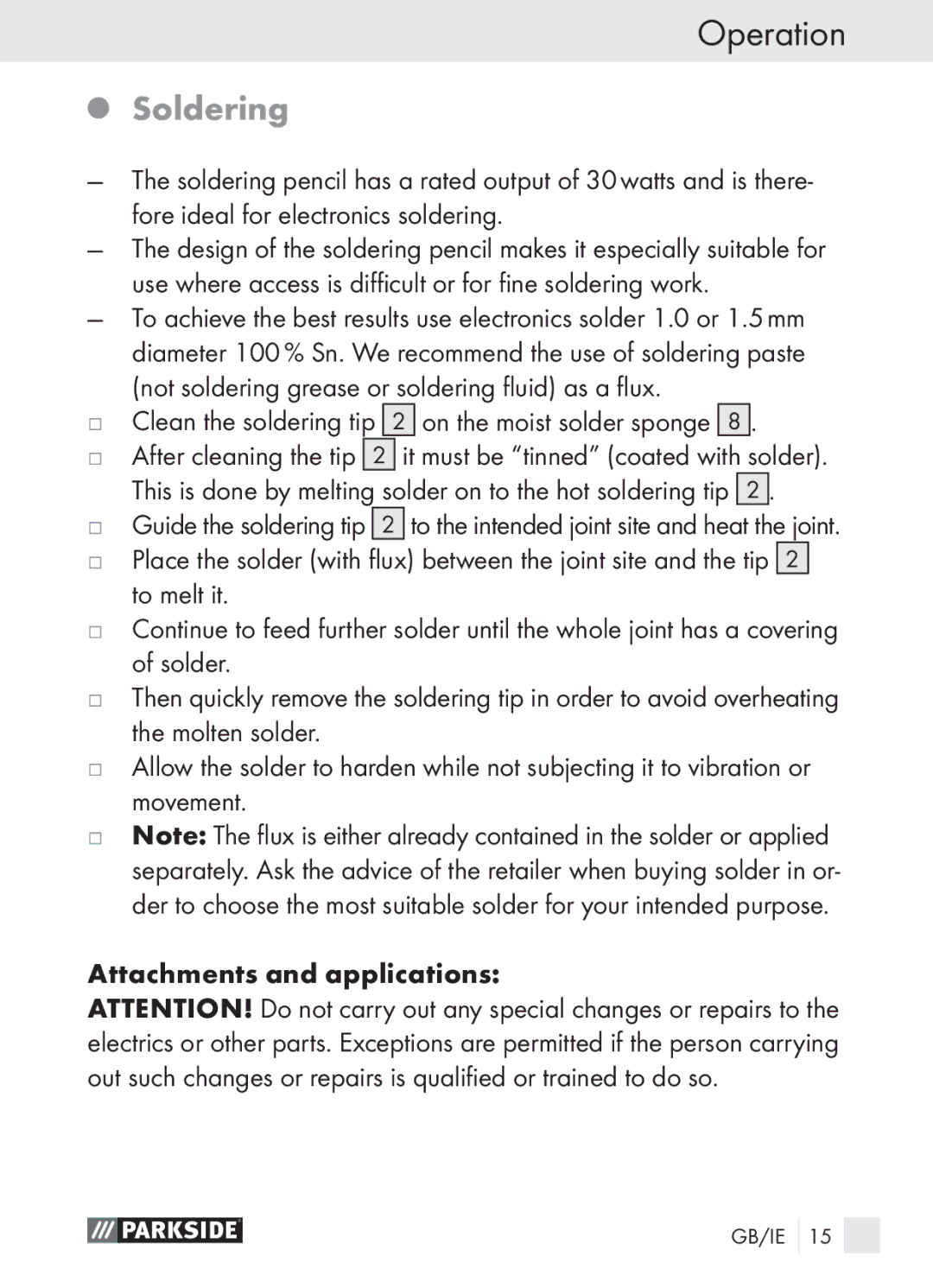 Parkside PLBS 30 A1 manual Soldering, Clean the soldering tip 2 on the moist solder sponge 
