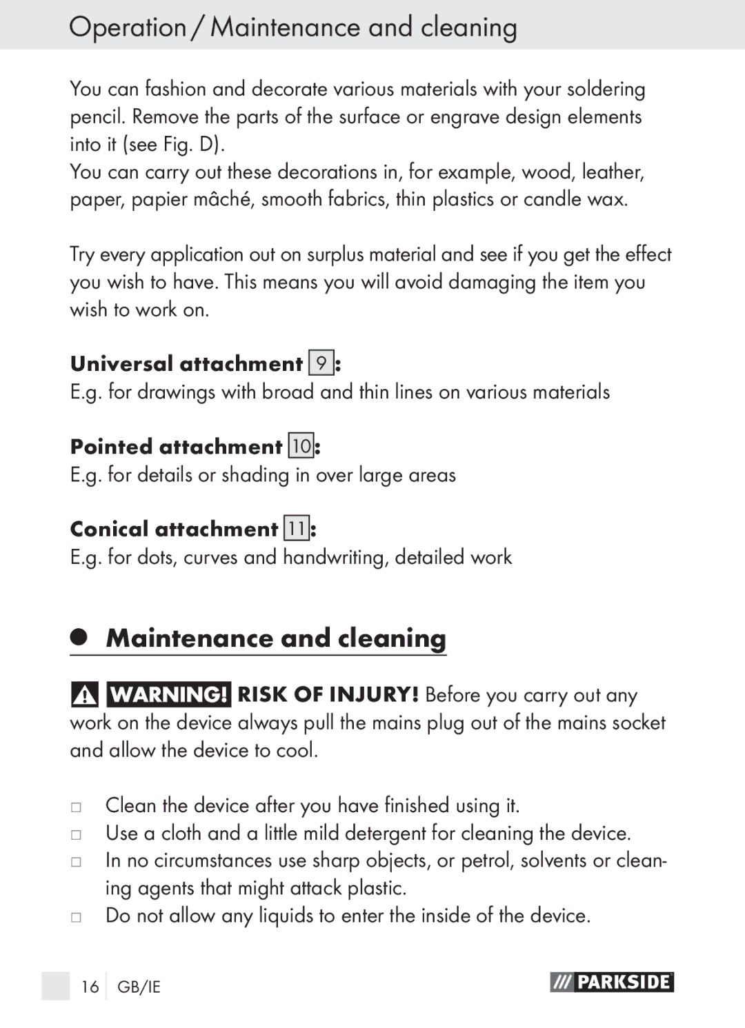 Parkside PLBS 30 A1 manual Operation / Maintenance and cleaning 