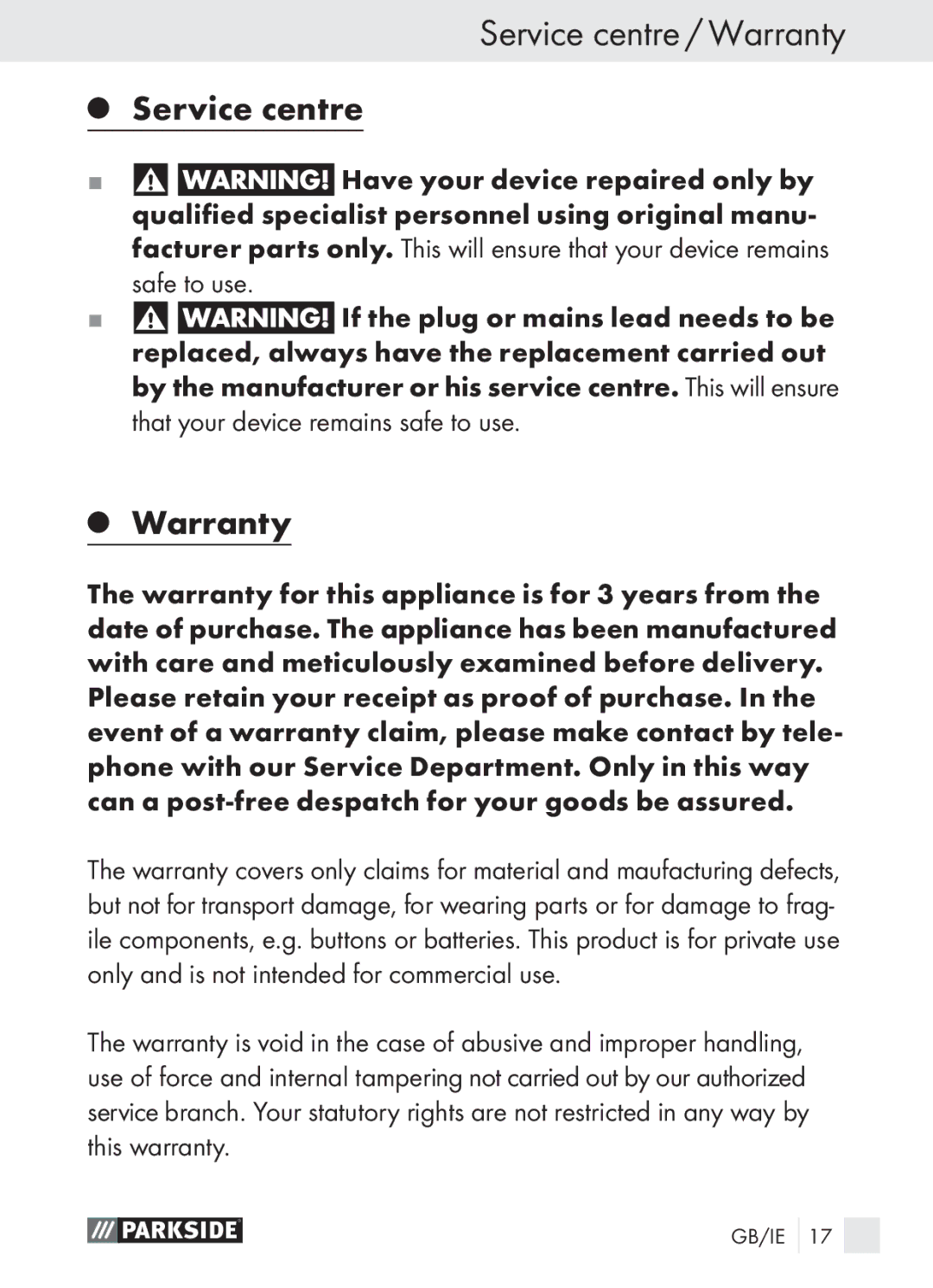 Parkside PLBS 30 A1 manual Service centre / Warranty 