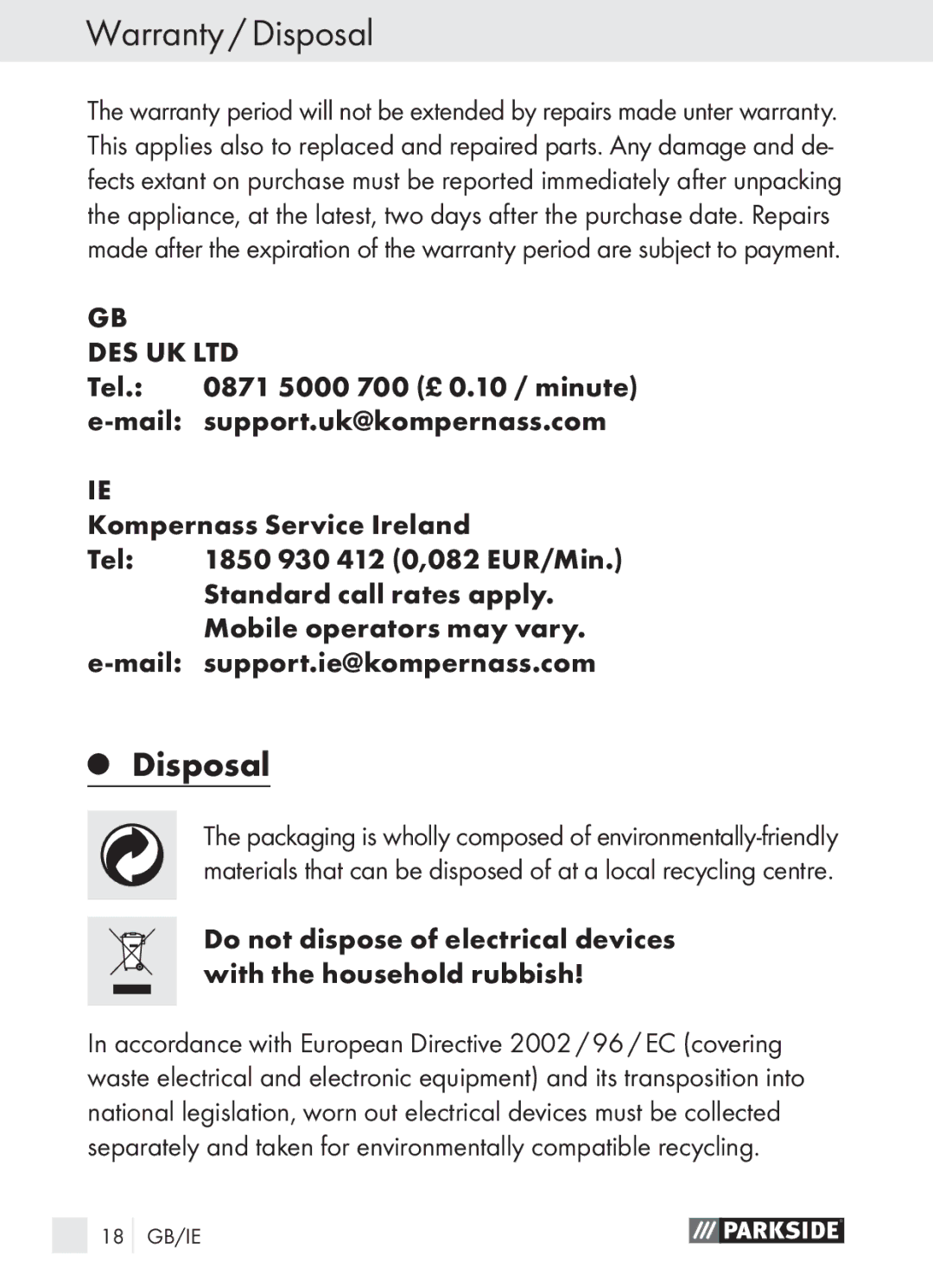 Parkside PLBS 30 A1 manual Warranty / Disposal 