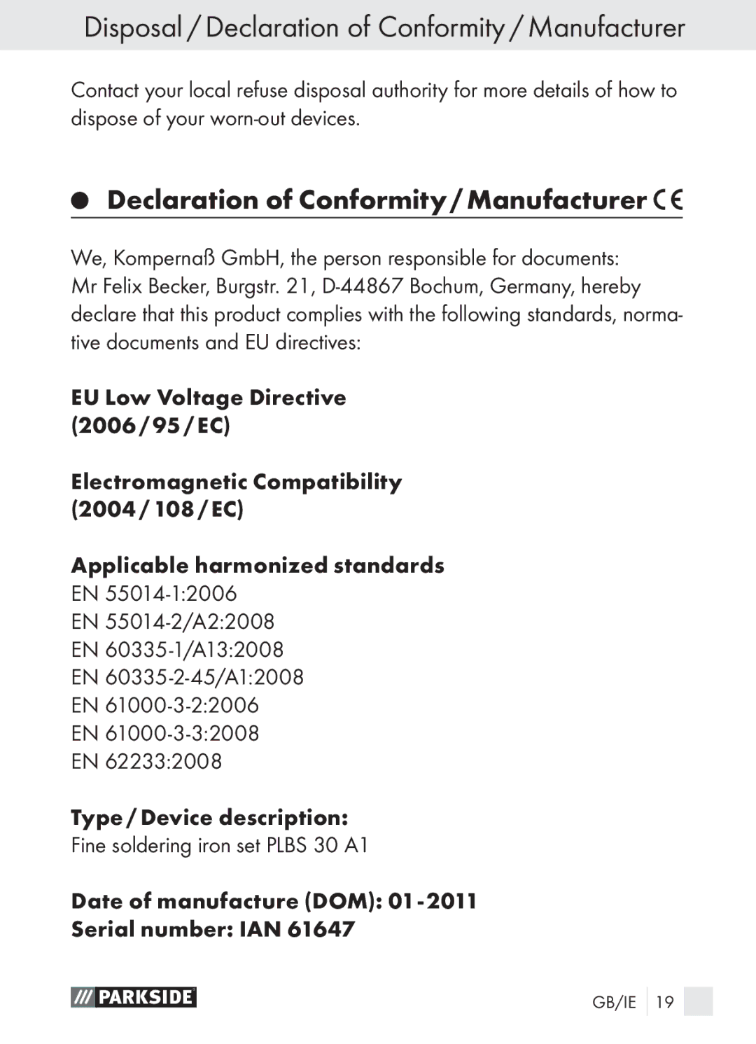 Parkside PLBS 30 A1 manual Disposal / Declaration of Conformity / Manufacturer 