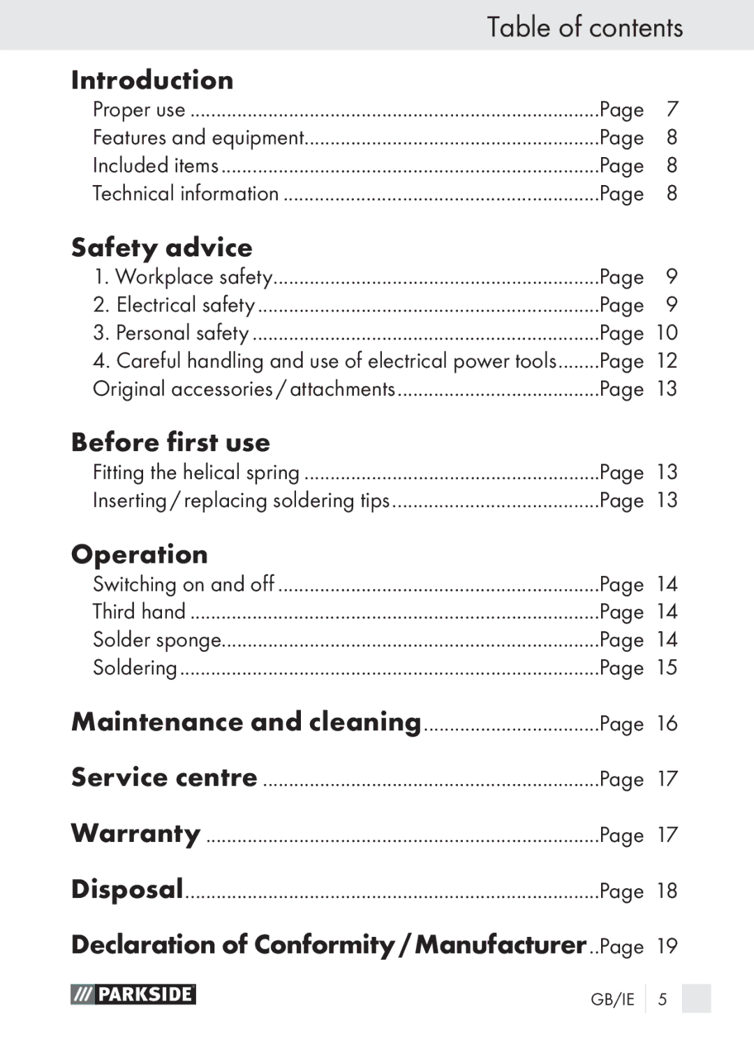 Parkside PLBS 30 A1 manual Table of contents 