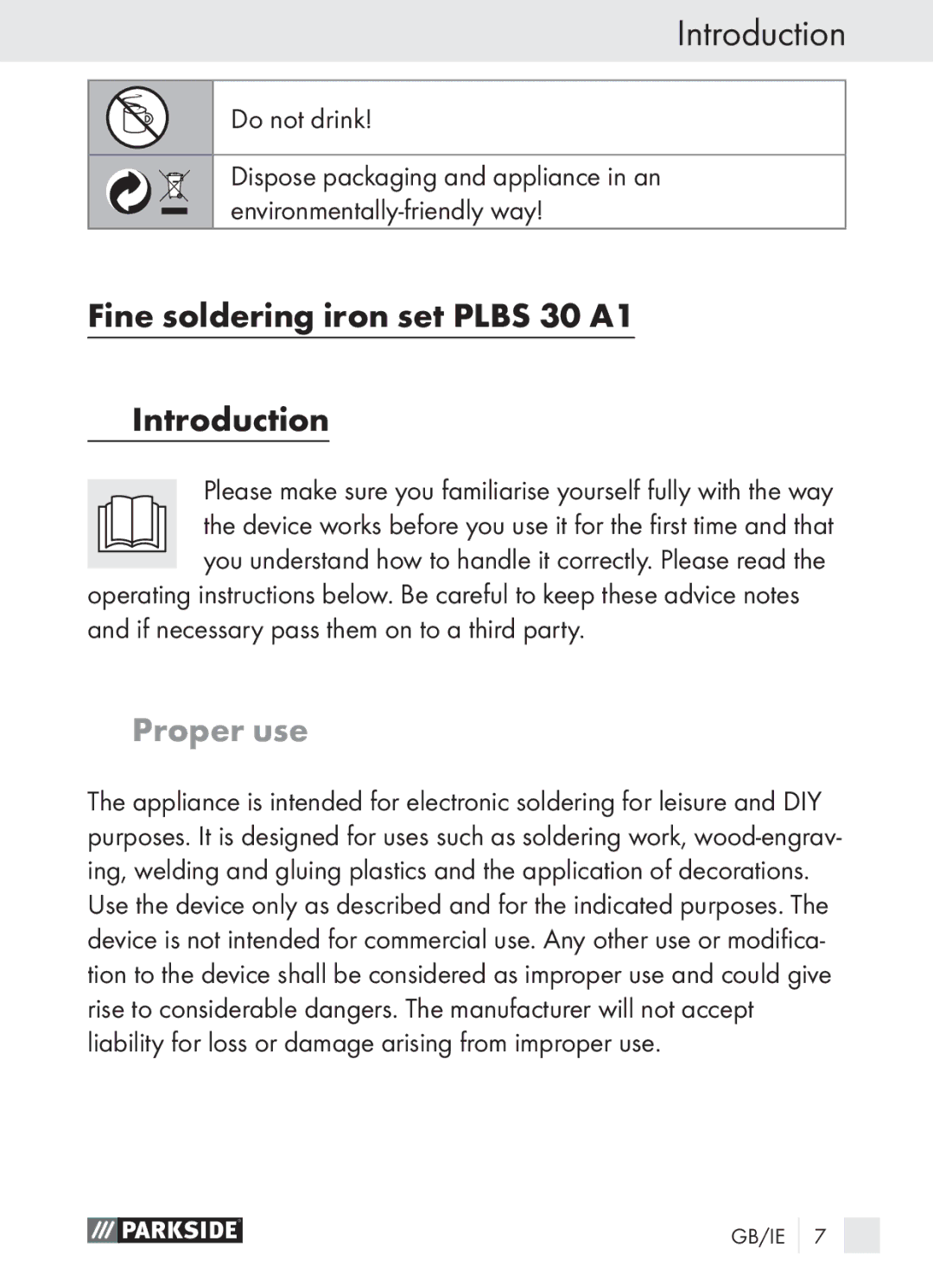 Parkside PLBS 30 A1 manual Fine soldering iron set Plbs 30 A1 Introduction, Proper use 