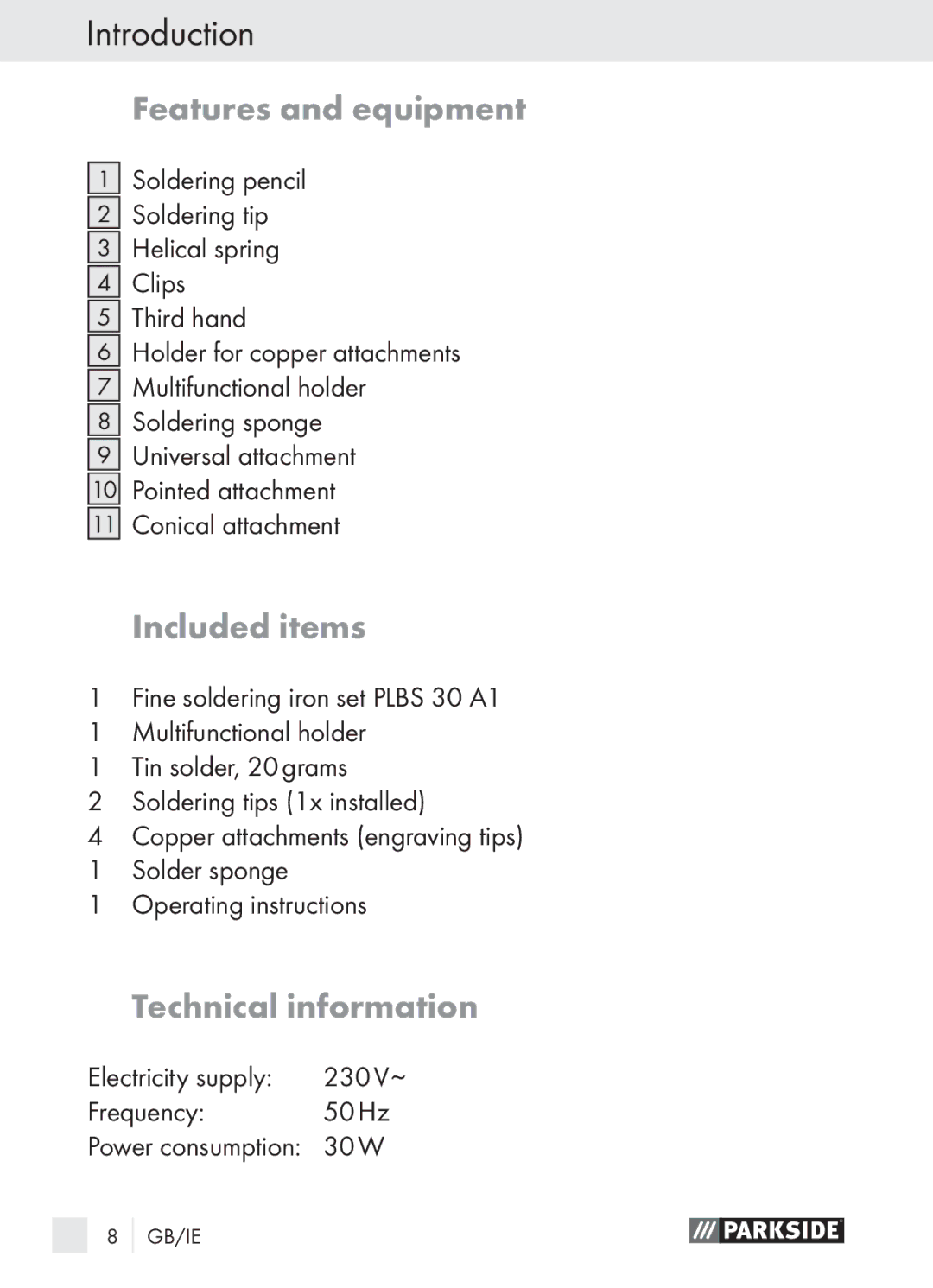 Parkside PLBS 30 A1 manual Features and equipment, Included items, Technical information 