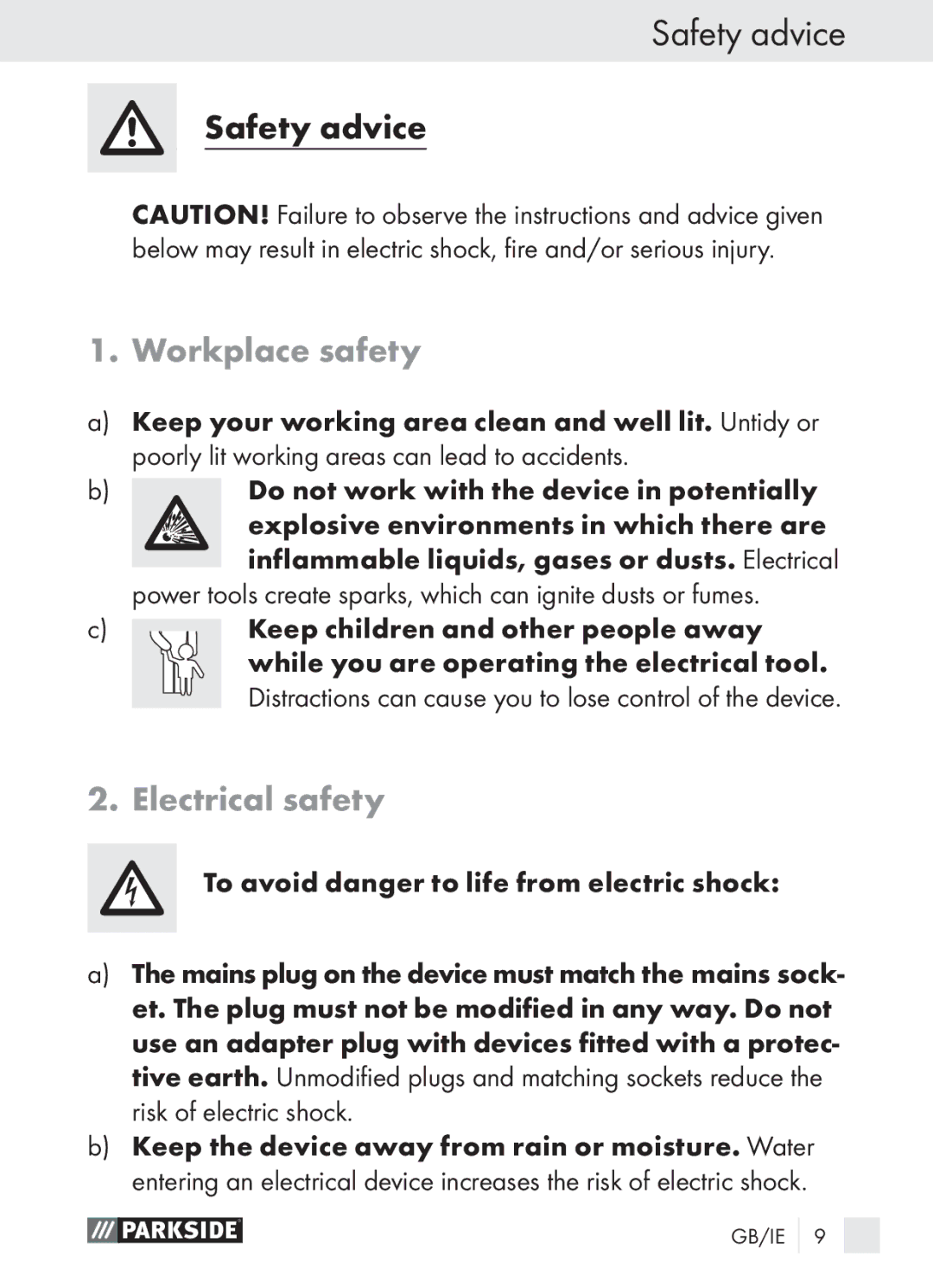 Parkside PLBS 30 A1 manual Safety advice, Workplace safety, Electrical safety 