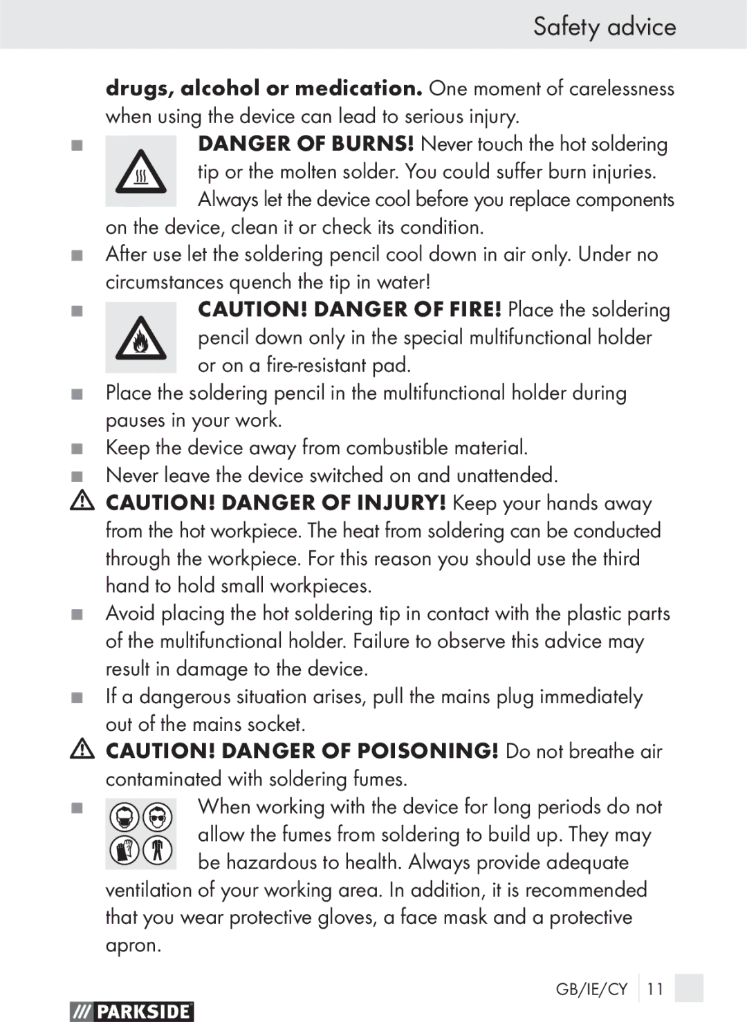 Parkside PLBS 30 manual Safety advice 