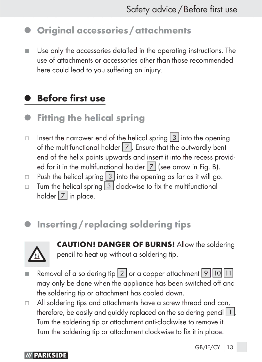 Parkside PLBS 30 manual Safety advice / Before ﬁrst use, Original accessories / attachments, Fitting the helical spring 