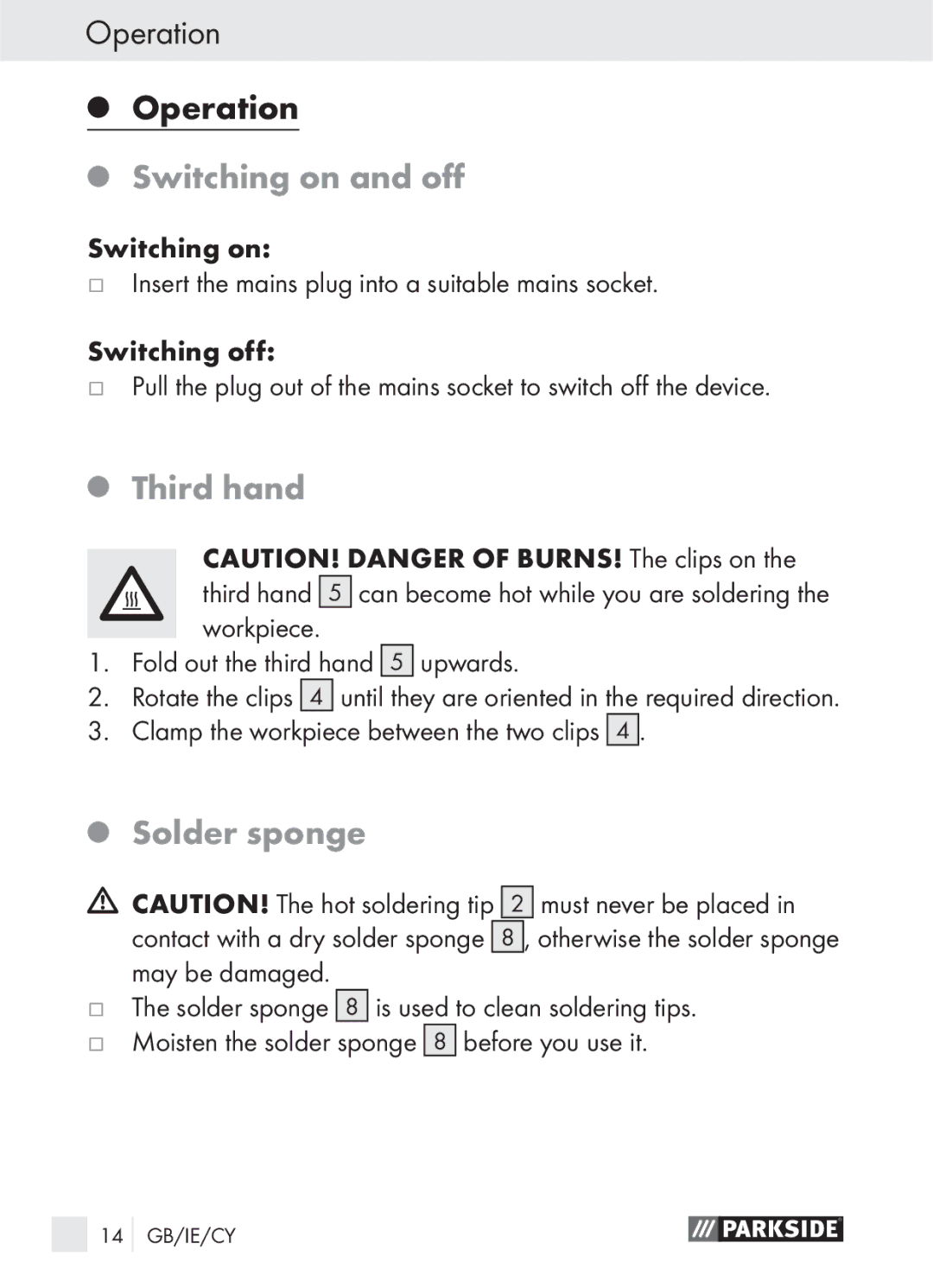 Parkside PLBS 30 manual Switching on and oﬀ, Third hand, Solder sponge 