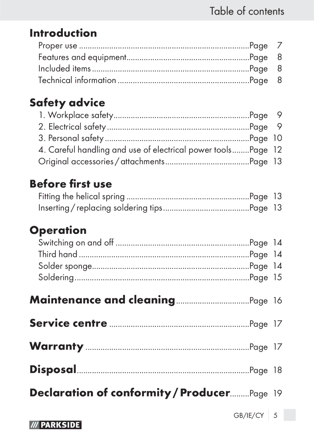 Parkside PLBS 30 manual Table of contents, Introduction, Safety advice, Before ﬁrst use, Operation 