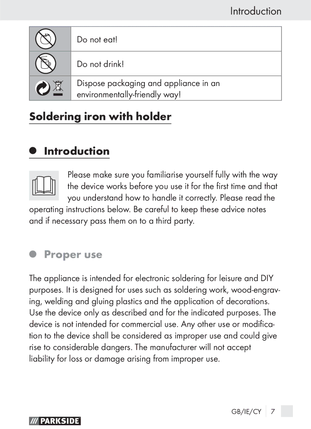 Parkside PLBS 30 manual Soldering iron with holder Introduction, Proper use 