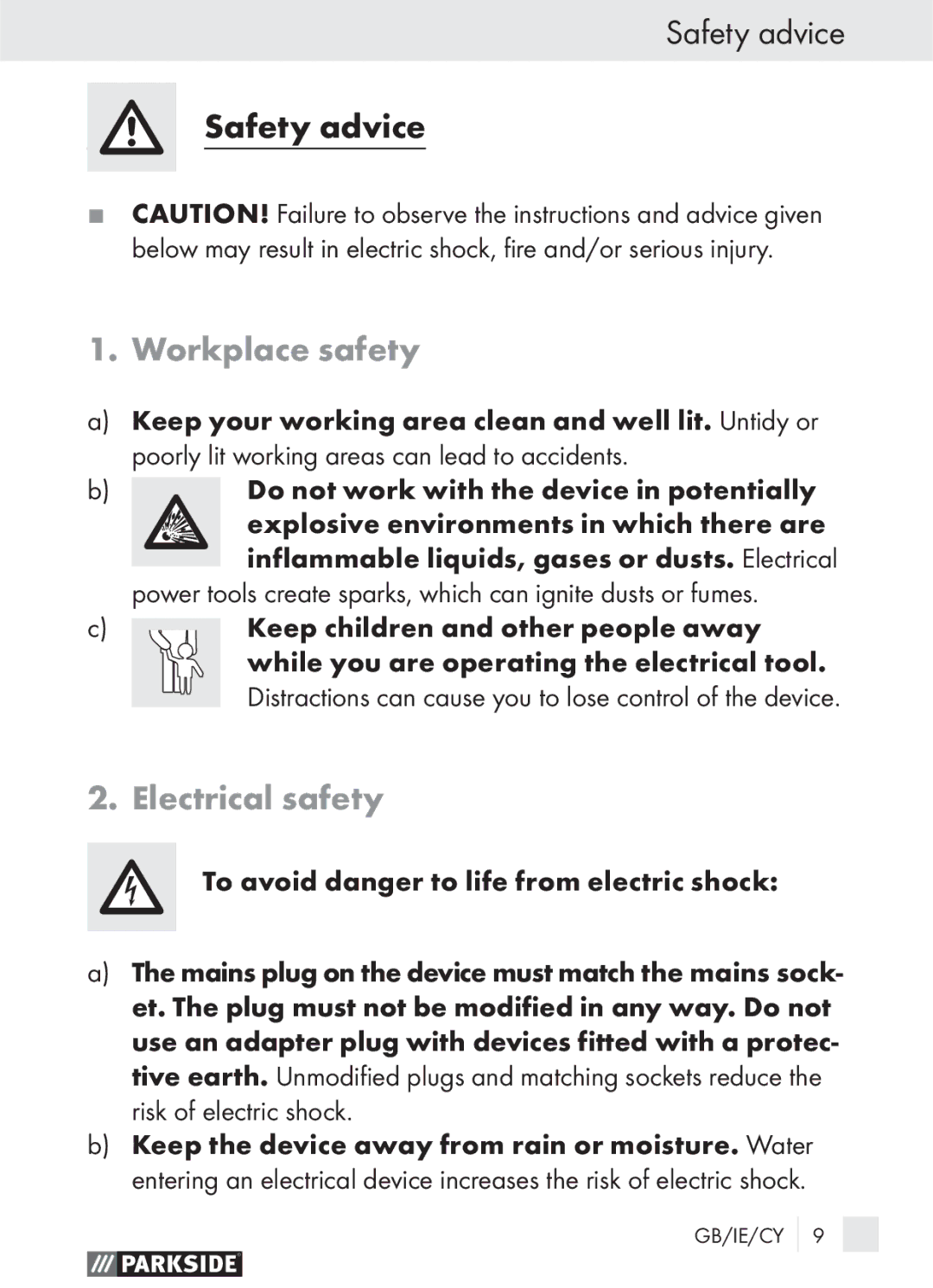 Parkside PLBS 30 manual Workplace safety, Electrical safety 