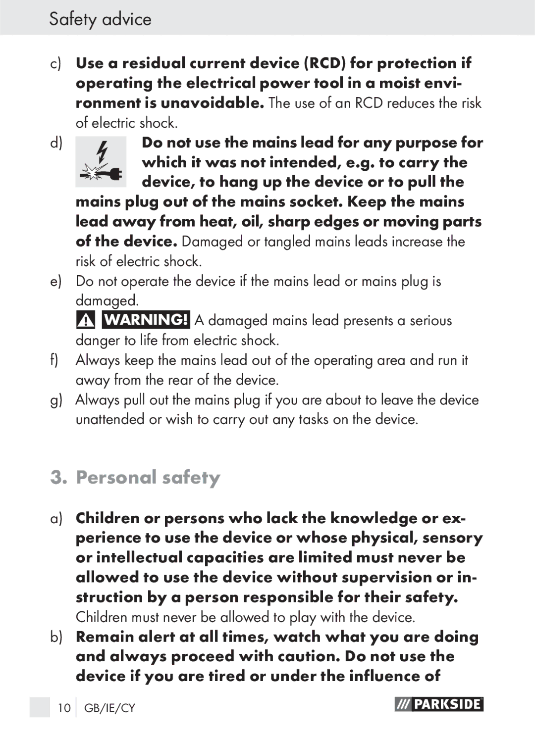 Parkside PLBS 30 manual Personal safety 