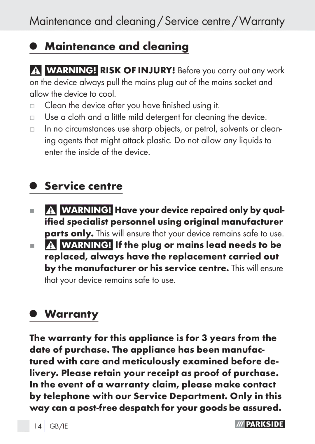 Parkside PLP 100 A1 manual Maintenance and cleaning / Service centre / Warranty, Service centre Warranty 