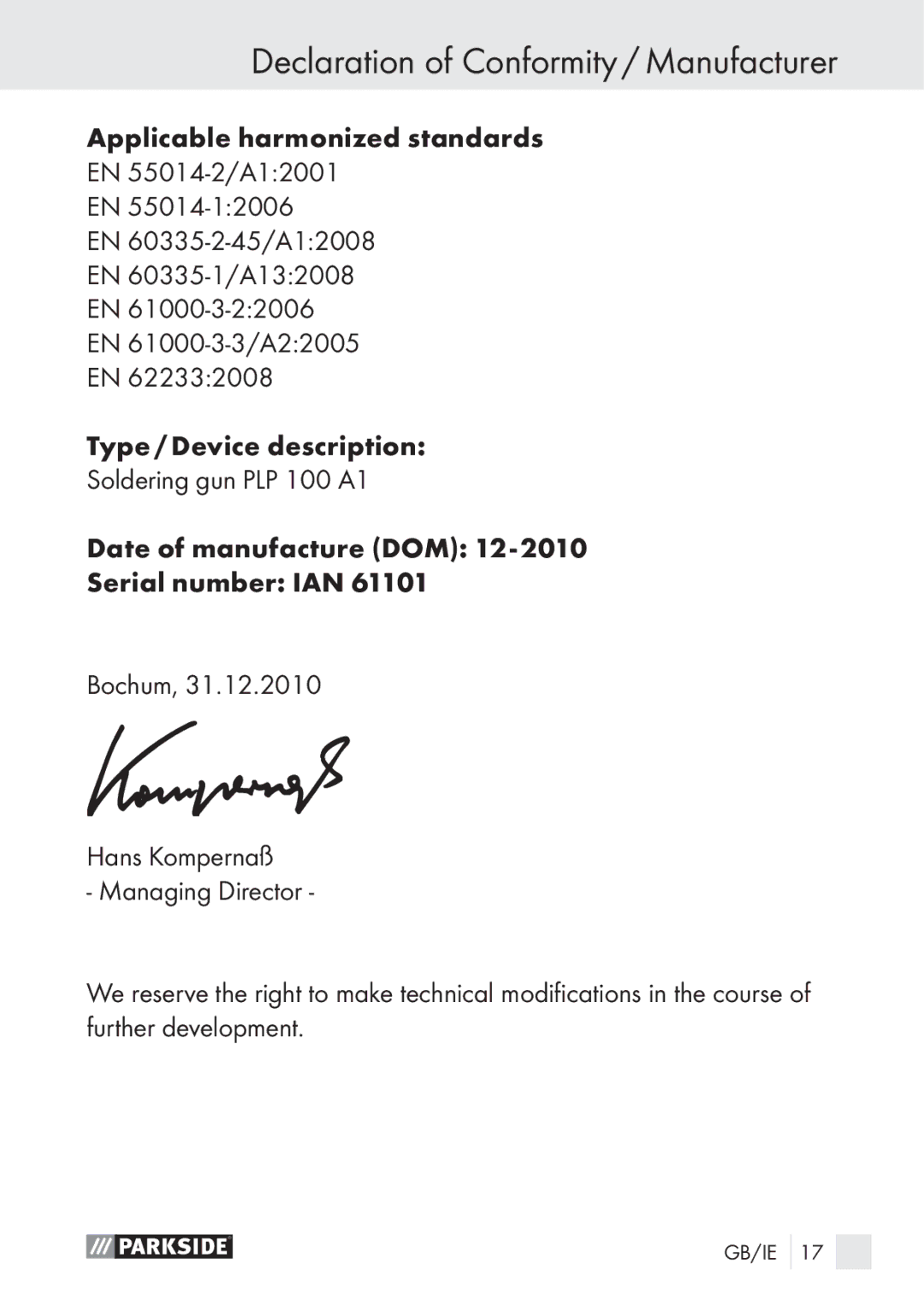 Parkside PLP 100 A1 manual Declaration of Conformity / Manufacturer 