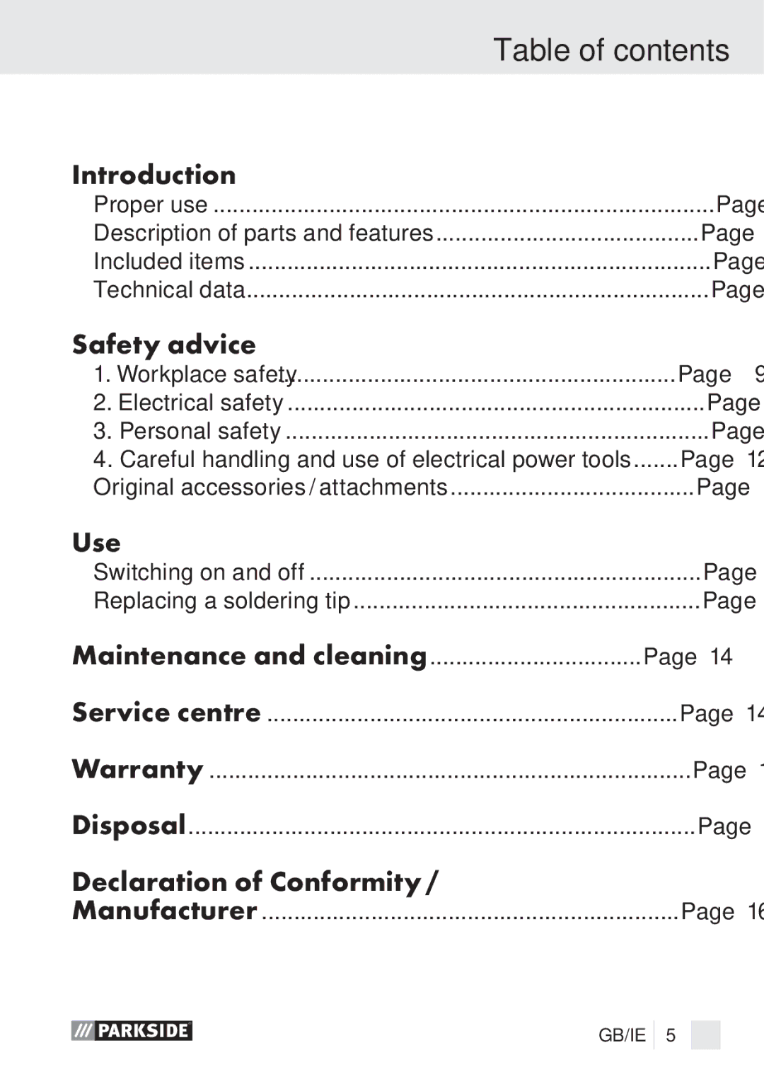 Parkside PLP 100 A1 manual Table of contents 