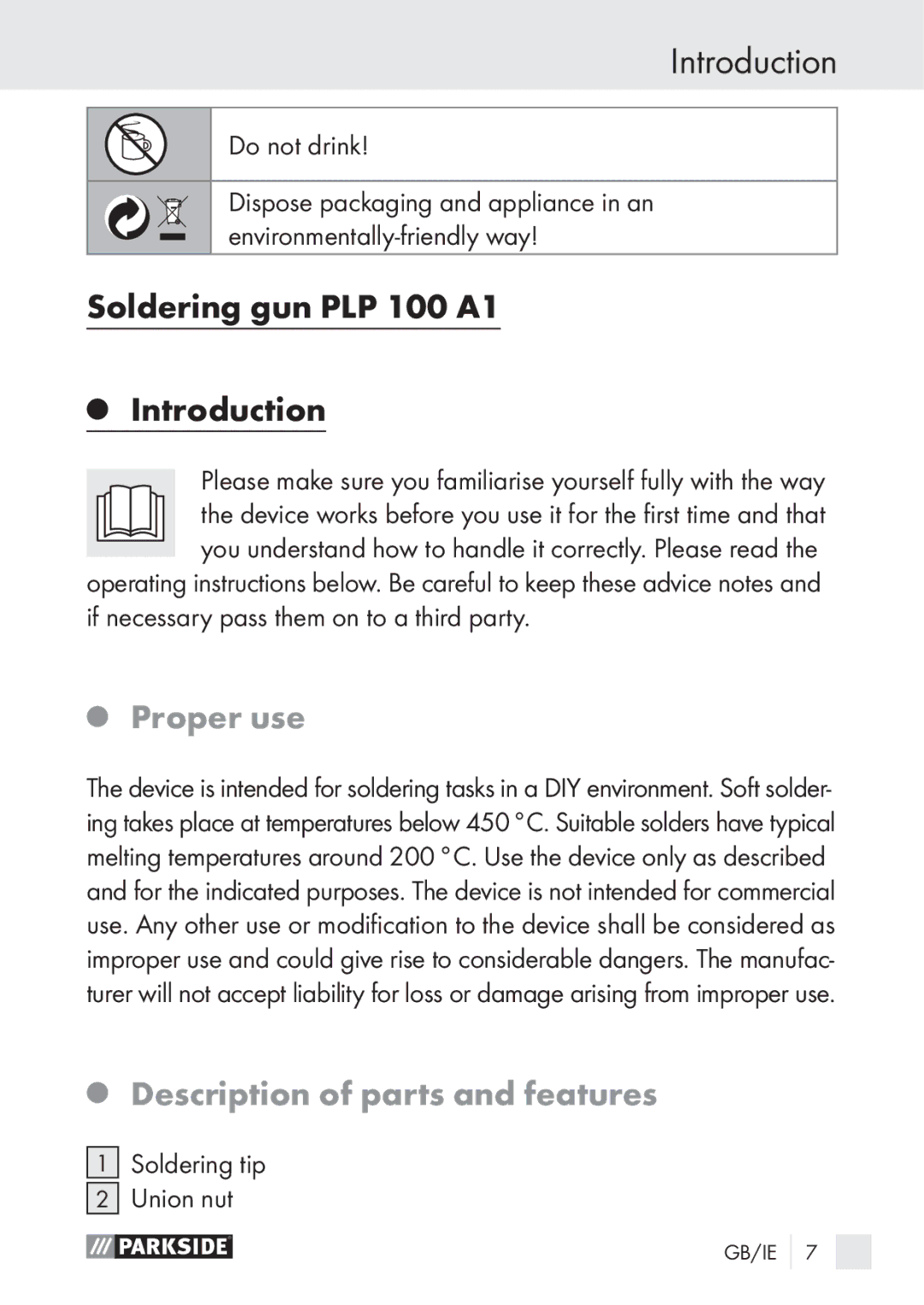 Parkside Soldering gun PLP 100 A1 Introduction, Proper use, Description of parts and features, Soldering tip Union nut 