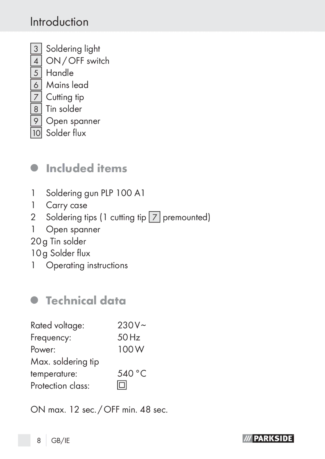 Parkside PLP 100 A1 manual Included items, Technical data 