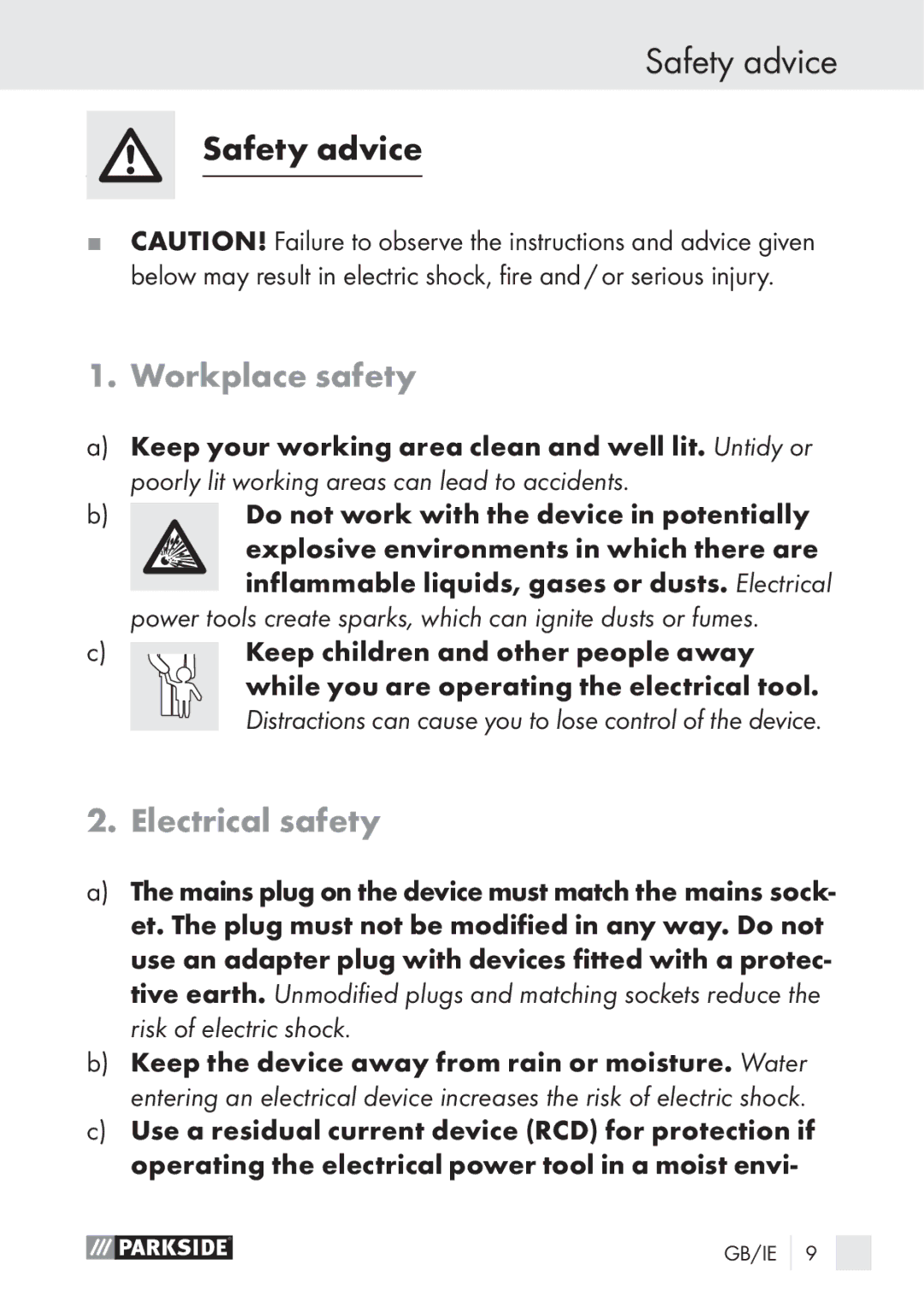 Parkside PLP 100 A1 manual Safety advice, Workplace safety, Electrical safety, Keep children and other people away 