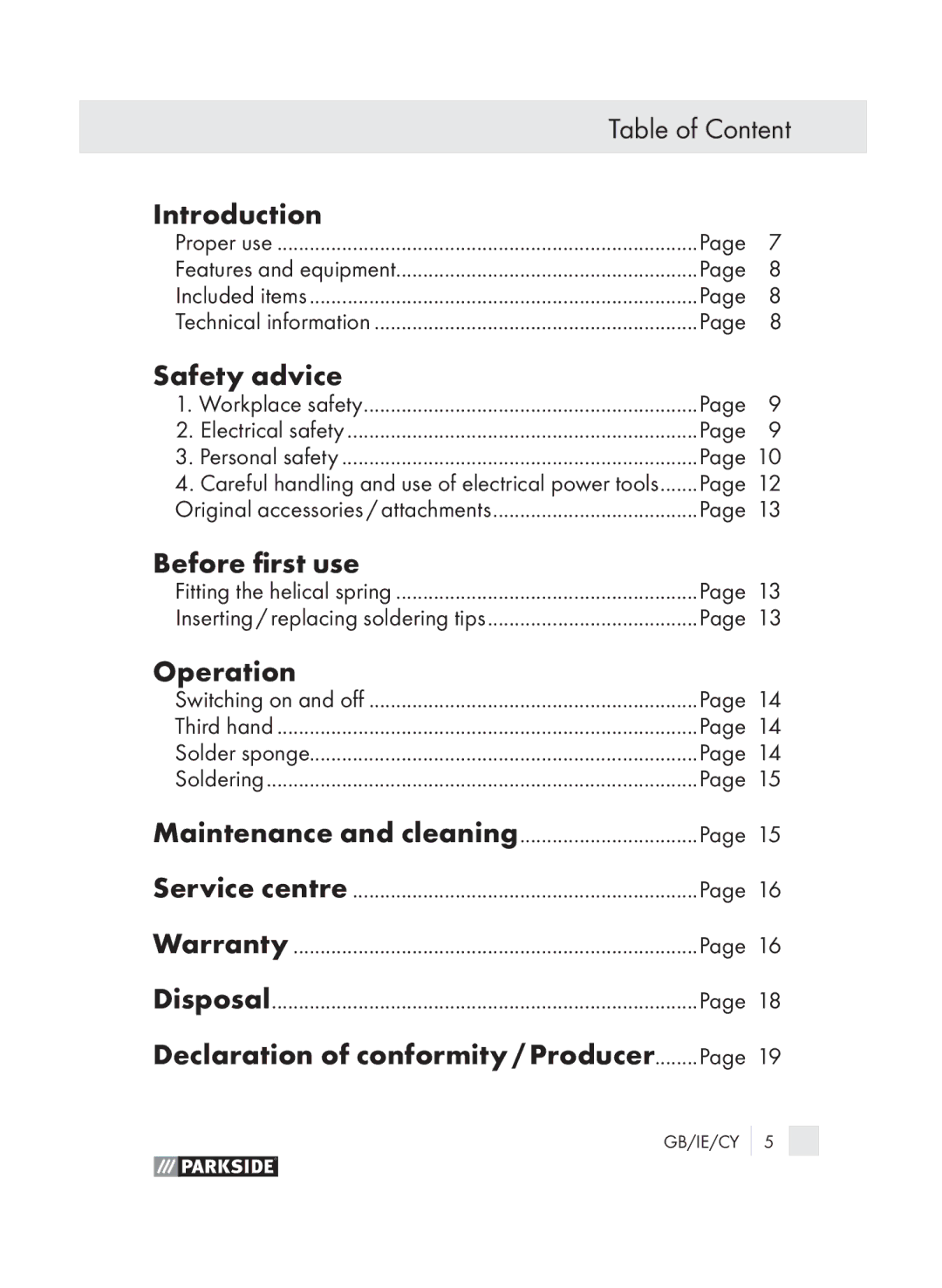 Parkside PLS 30 manual Table of Content Introduction, Safety advice, Before first use, Operation 