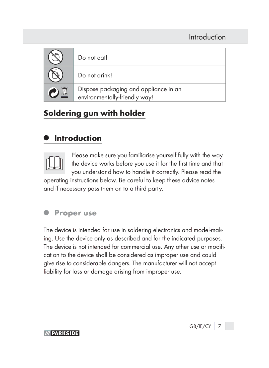 Parkside PLS 30 manual Soldering gun with holder Introduction, Proper use 