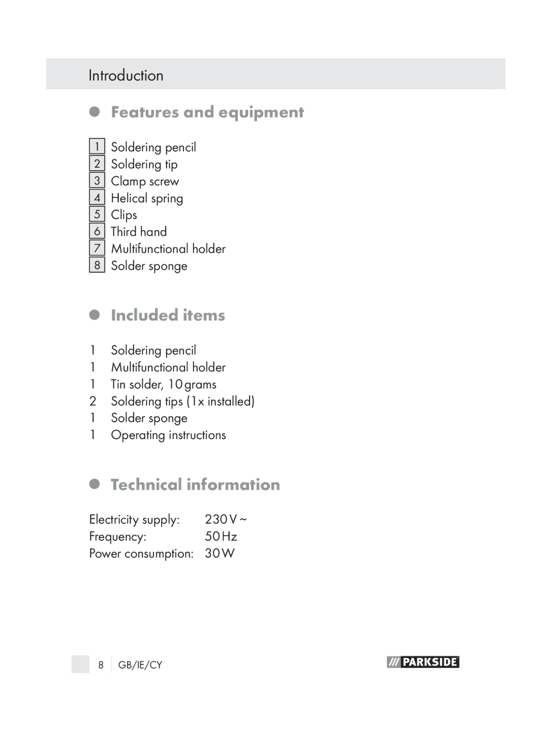 Parkside PLS 30 manual Features and equipment, Included items, Technical information 