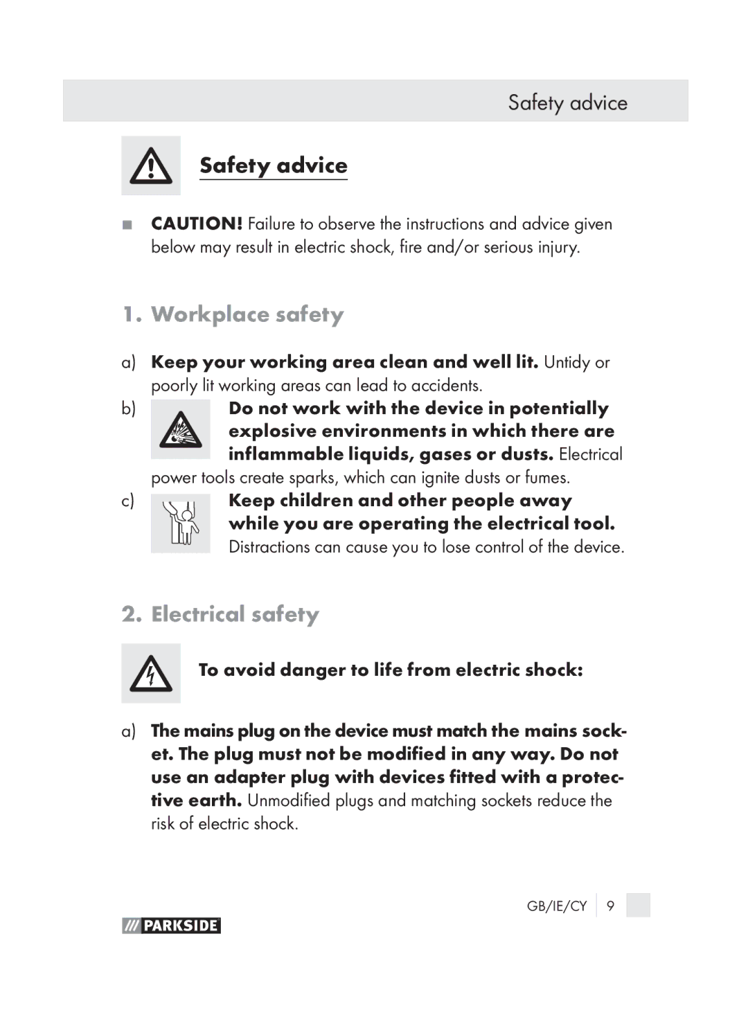 Parkside PLS 30 manual Workplace safety, Electrical safety 